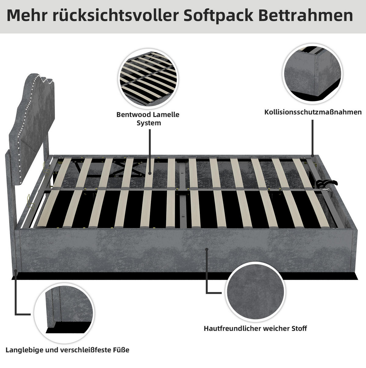POLSTERBETT 160/200 cm grau aus Stoff und Metall mit Bettkasten - Grau, Textil (160/200cm) - OKWISH
