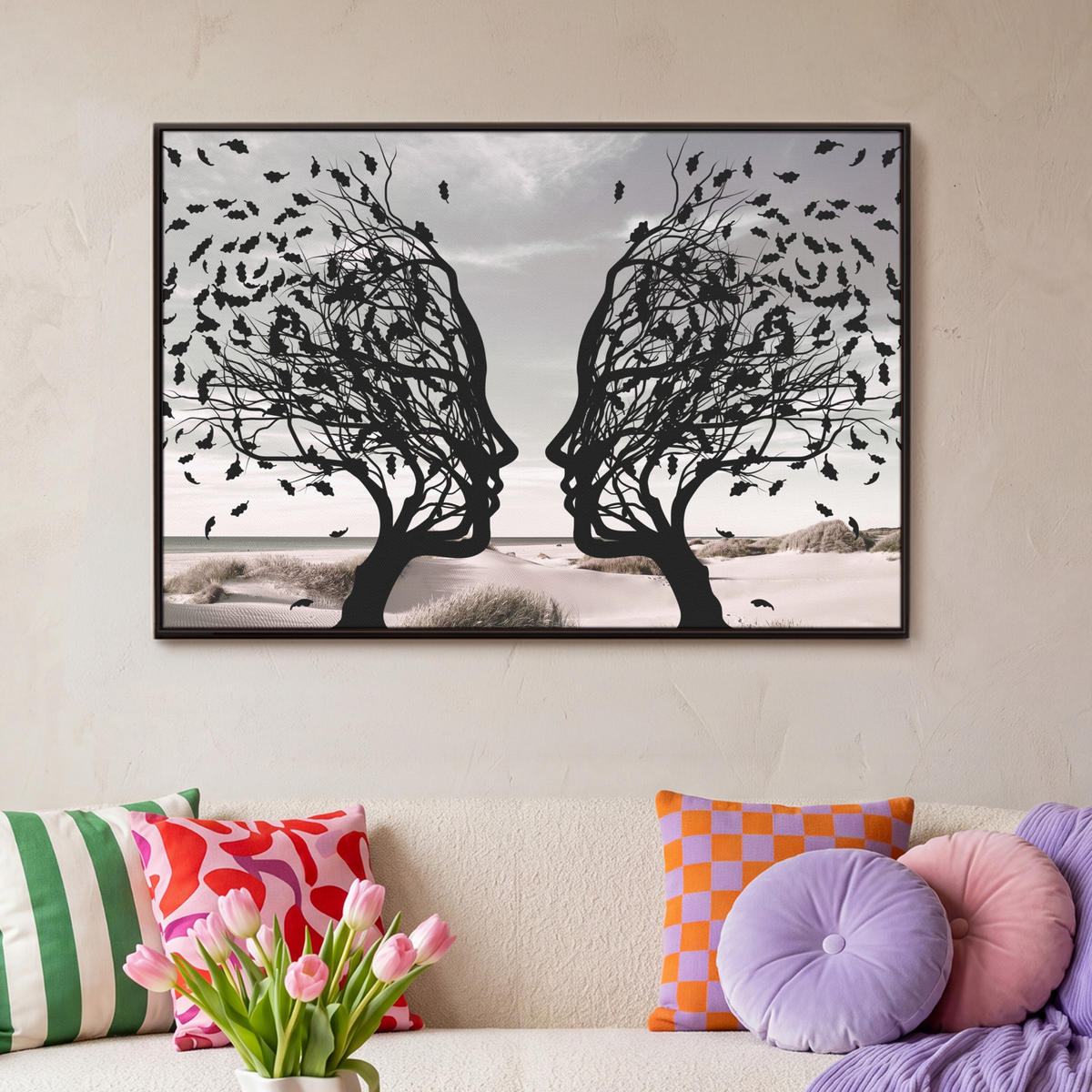 LEINWAND Bilder mit Rahmen - Strand - Meer - Menschen - Baum - Moderne Kunst - 90x60 - Hellgrau, Textil (90/60cm) - MuchoWow
