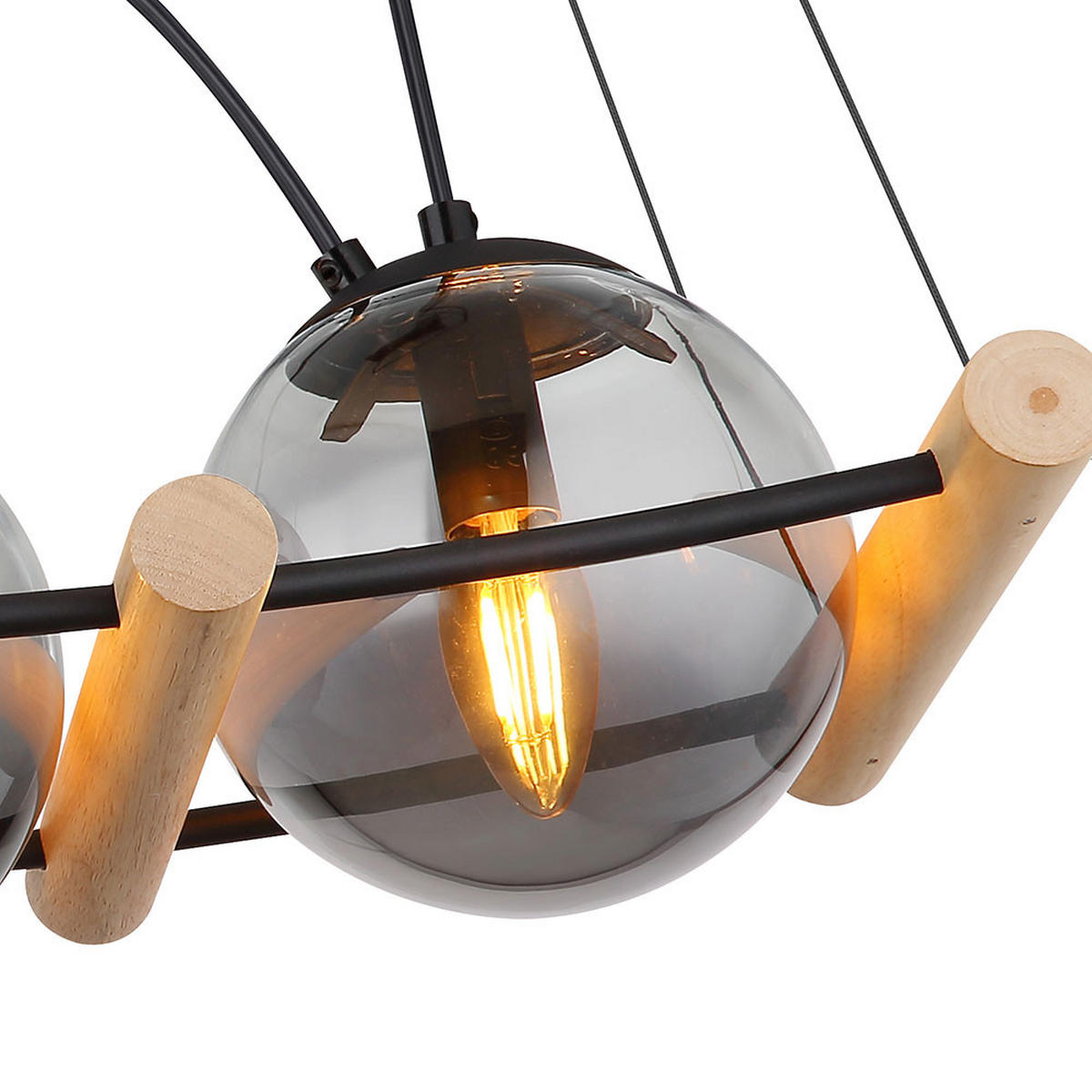 PENDELLEUCHTE Metall Schwarz-matt Glas Rauchfarben - Braun, Holz (75/22/120cm) - Globo Lighting