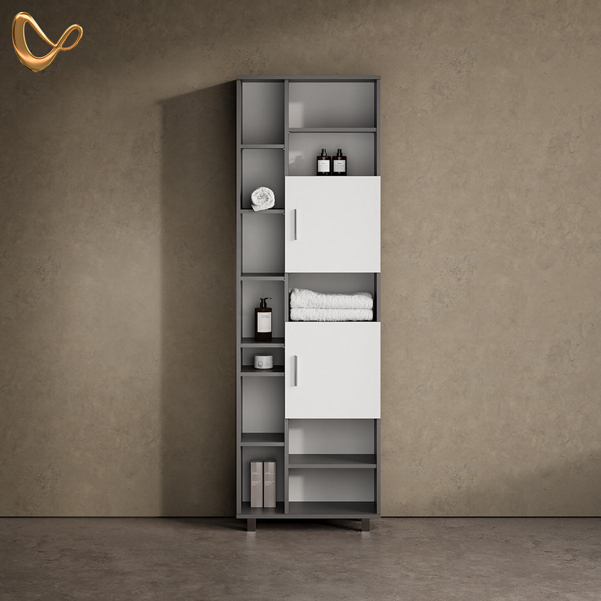 BADSCHRANK Eisak Anthrazit/Weiß 60 x 190 cm - Anthrazit/Grau, Holzwerkstoff (60/190/30cm) - Livinity®