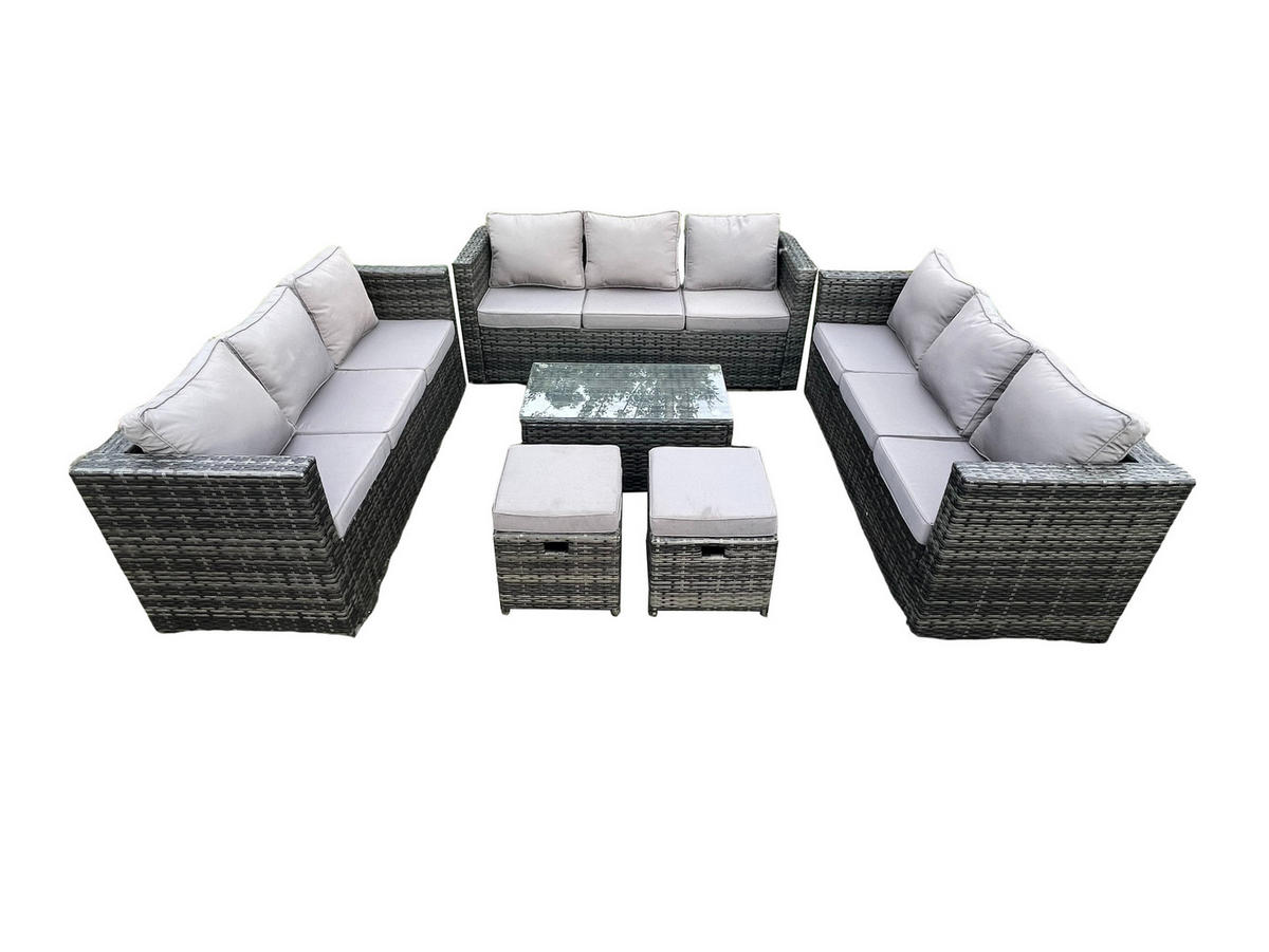 GARTENSET Polyrattan 11-Sitzer - Dunkelgrau, Metall - Fimous