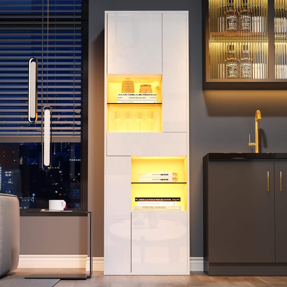 VITRINE LED Hochglanz Glasvitrine 1 Schublade 4 Türen Weiß 170cm - Weiß, Holzwerkstoff (55/170/38cm) - FLIEKS