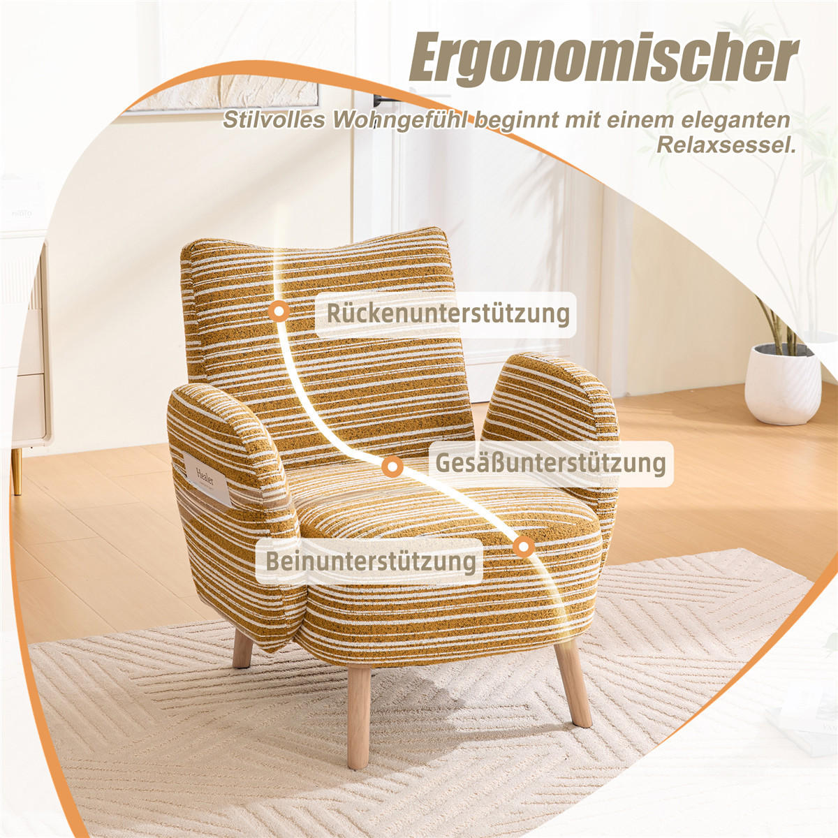 SESSEL Kreismuster Stoff Massivholzbeine Lesesessel - Gelb, Textil (77/87/81cm) - Kaket