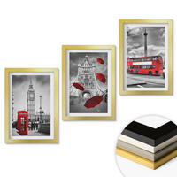 WANDBILDER 3er Set - 20x30 cm Goldrahmen - Roter Regenschirmstand und Londoner Bus - Goldfarben, Kunststoff (20/30cm) - ArtPrintCave