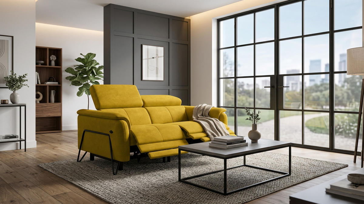 RELAXSOFA RODEN 2-Sitzer mit 2 Relax, dunkegelb, Veloursstoff - Gelb, Holz/Textil (148/82/103cm) - Wozimo