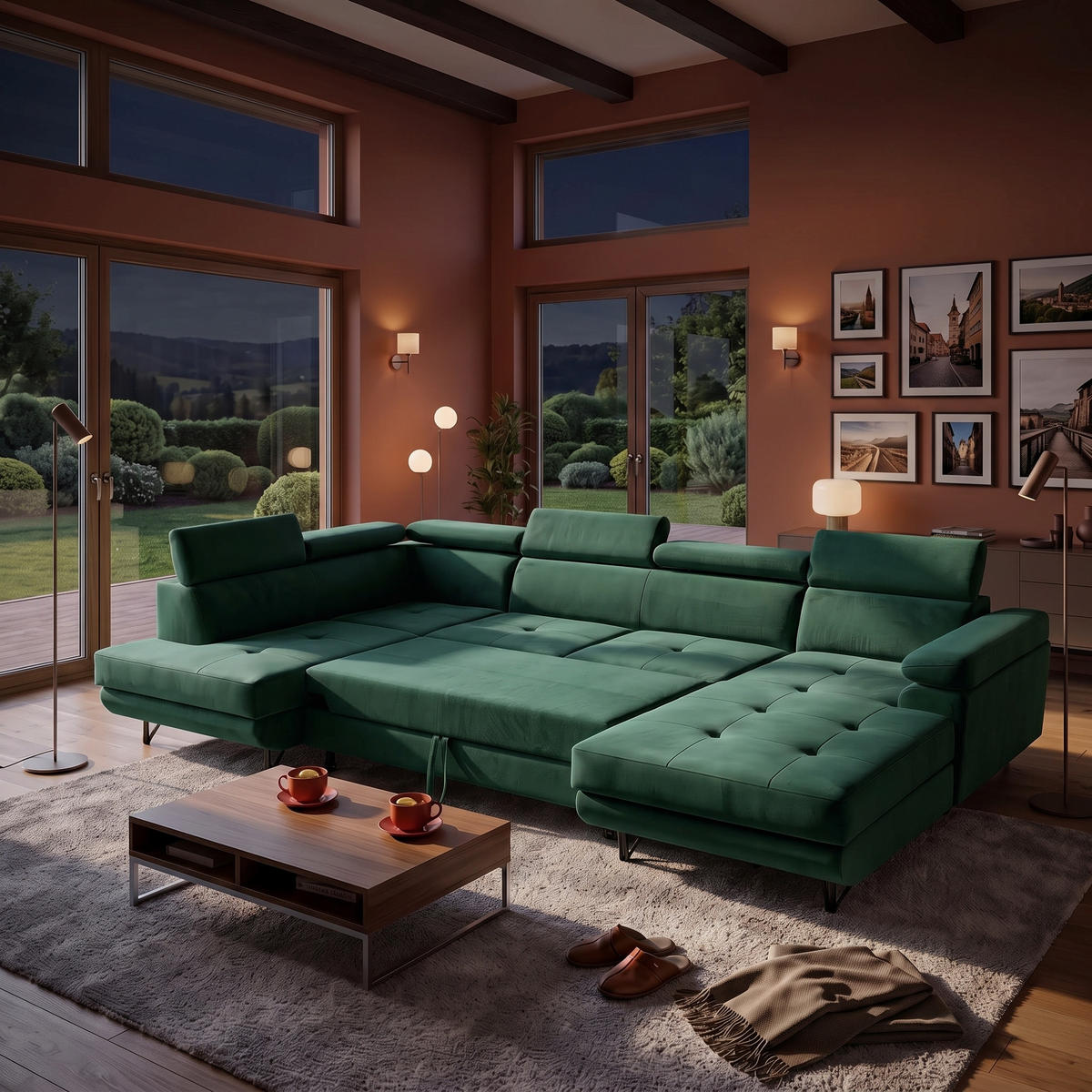 ECKSOFA U-Form JUNIOR U Links mit Schlaffunktion 128x254 Velours Dunkelgrün - Dunkelgrün/Schwarz, Holz/Textil (323/90/184cm) - Muffo
