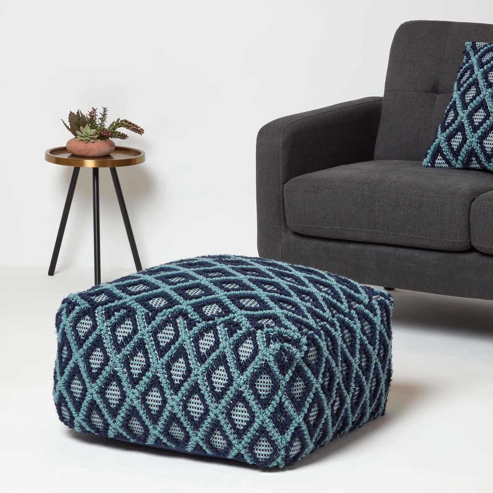 Thumbnail - Homescapes Sitzpouf, Blau, Textil, Grafikmuster, Quadratisch, 55x30x55 cm, Wohnzimmer, Hocker, Poufs