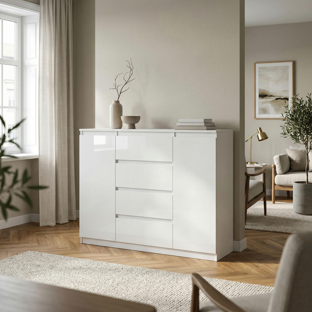 KOMMODE NUDO 120/101,5/39cm mit 4 Schubladen 2 Türen Weiß - Weiß Hochglanz/Weiß, Holzwerkstoff (120/101.5/39cm) - MASSENO