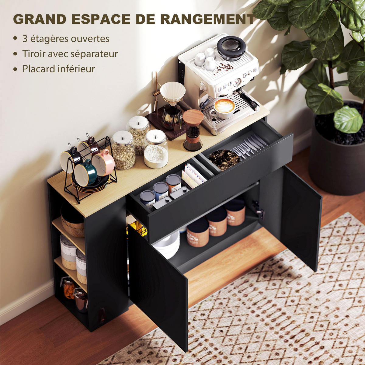SIDEBOARD DE-11197 2 Schubladen, 3 offene Fächer Schwarz - Schwarz, Holzwerkstoff (110/82/29.5cm) - ComfortXL