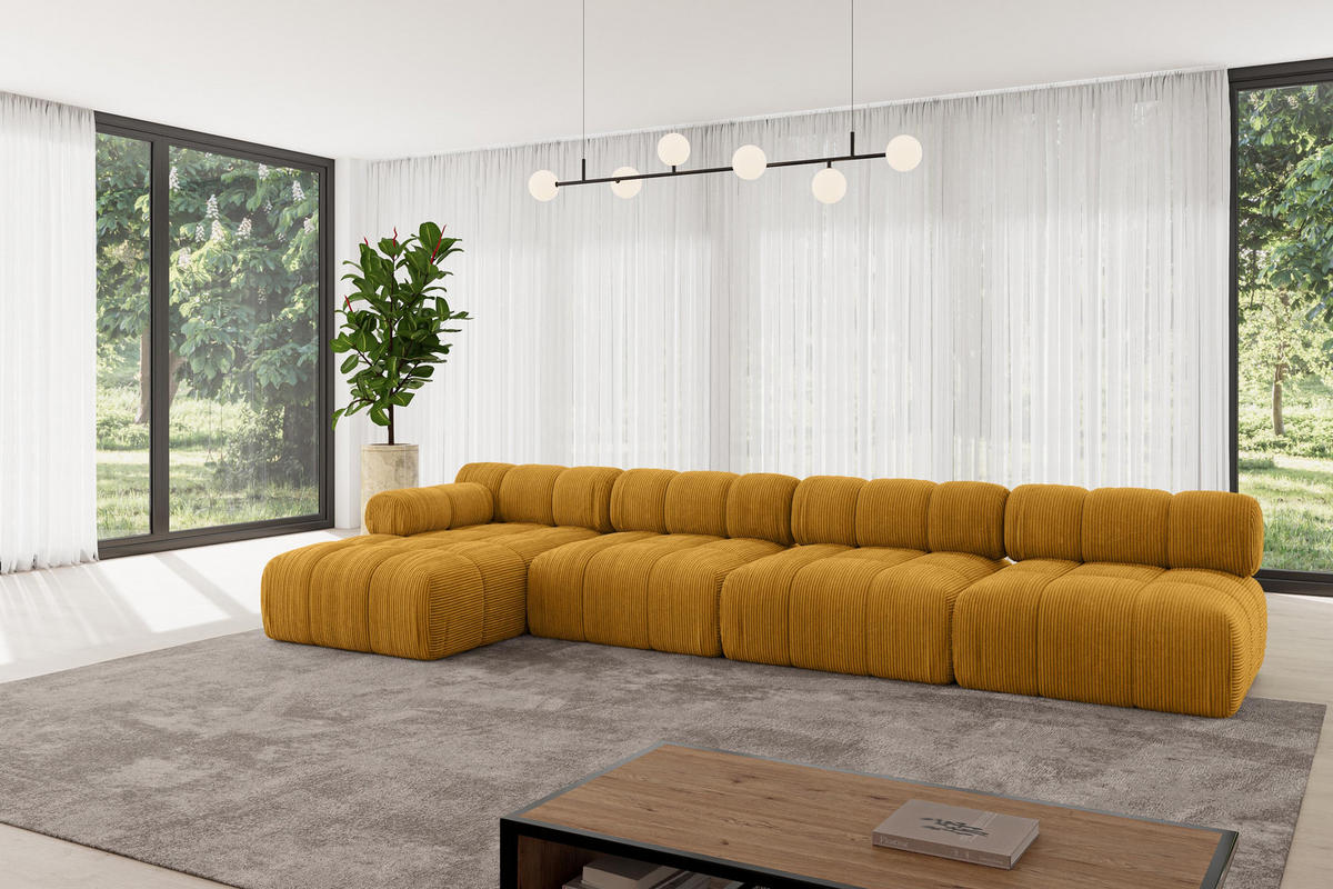 ECKSOFA modulares Sofa Razon-L3 - 380x160x70 cm Senfgelb Cord - Currygelb, Holzwerkstoff/Textil (380/160cm) - ALTDECOR