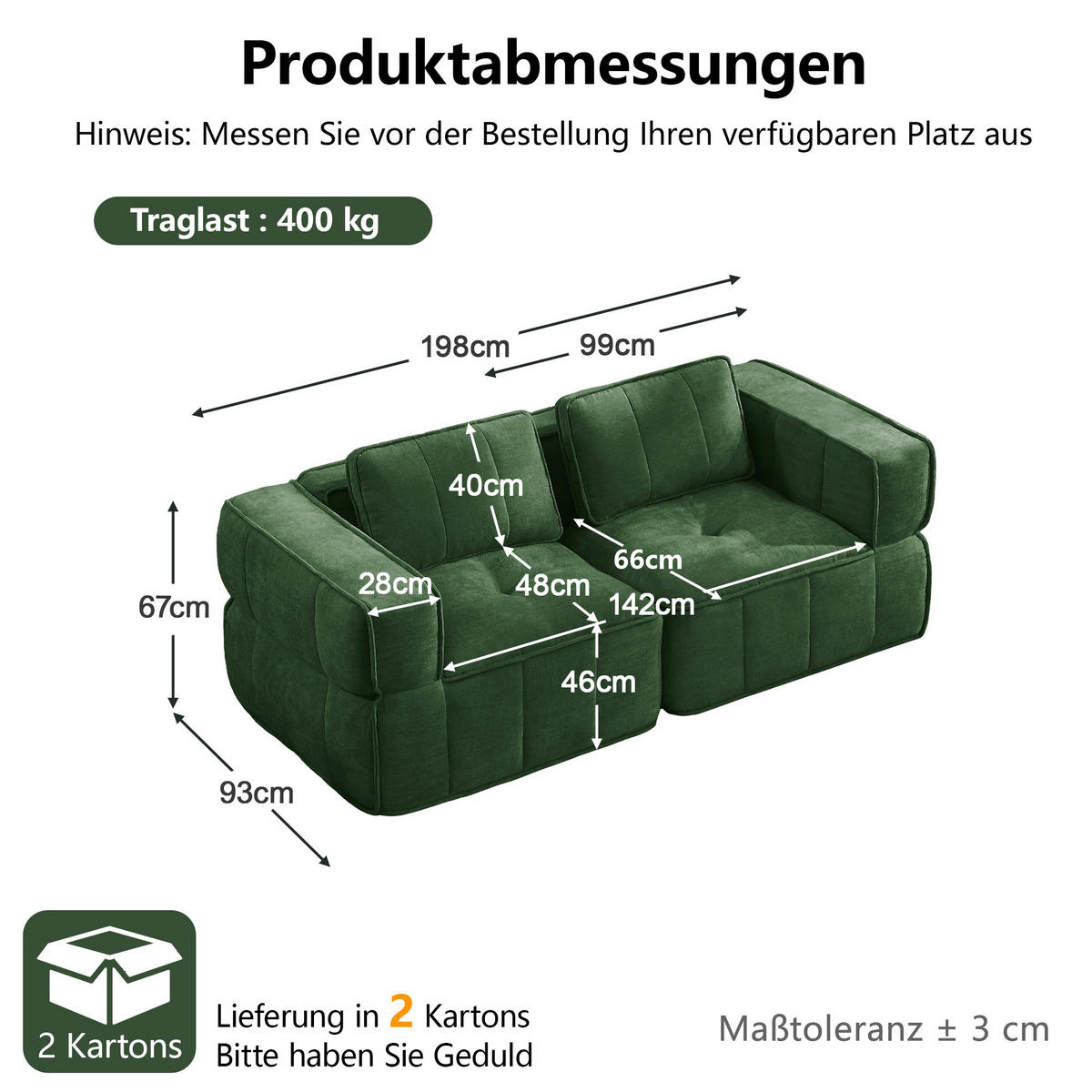 2-SITZER-SOFA DE-34428 Tiefsitz und 32D-Schaum Grün - Grün, Textil (93/67/198cm) - ComfortXL