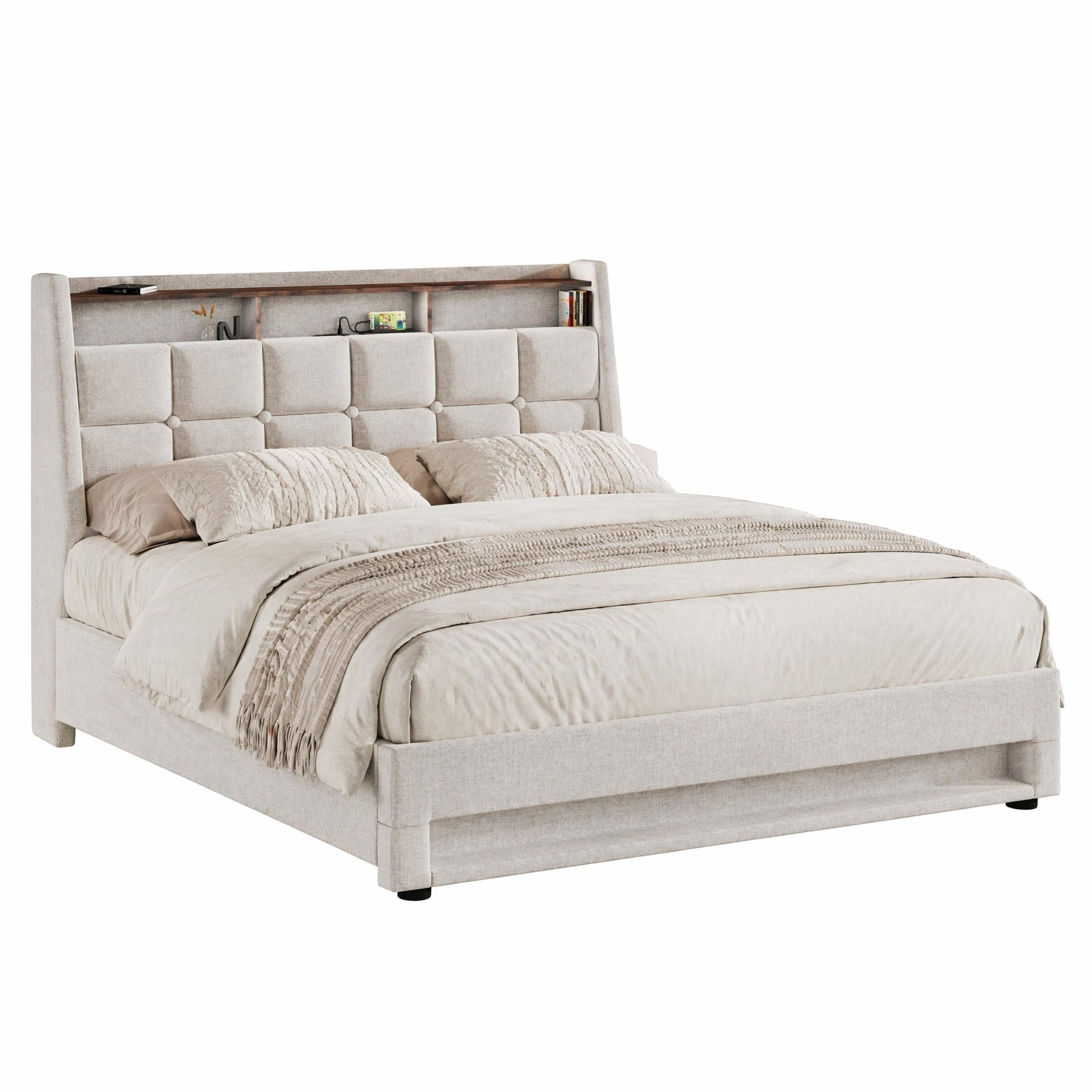 POLSTERBETT 160/200 cm in Beige mit Bettkasten, LED und USB Leinen - Beige, Holzwerkstoff/Textil (160/200cm) - CHICFURN