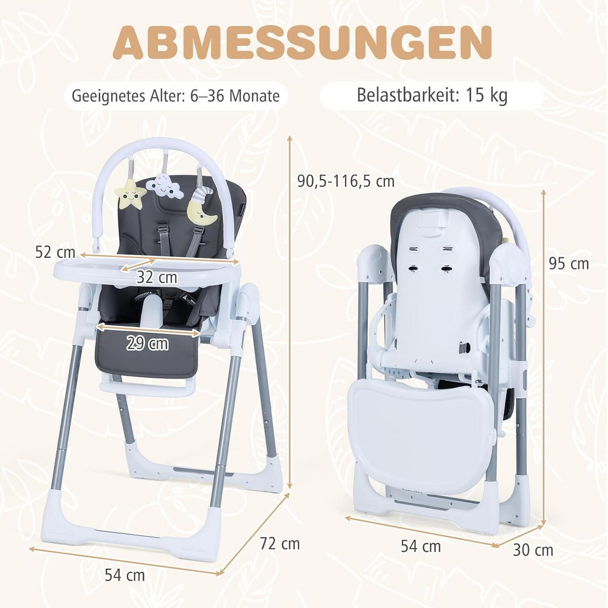 BABYSTUHL mit Spielbügel & Rollen dunkelgrau - Dunkelgrau, Metall (72/90.5/54cm) - COSTWAY