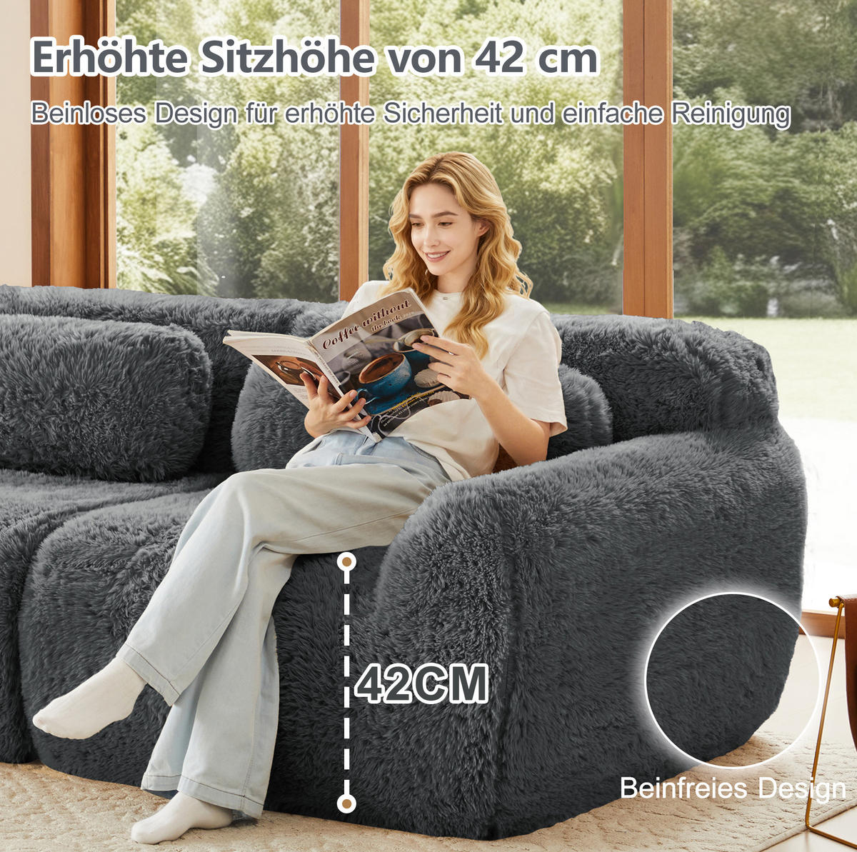2MÍSTNÁ pohovka z plyše 204x104x73 cm šedá bezrámová modulární s polštáři a protiskluzovou základnou - šedá, textil (104/73/204cm) - Modfu