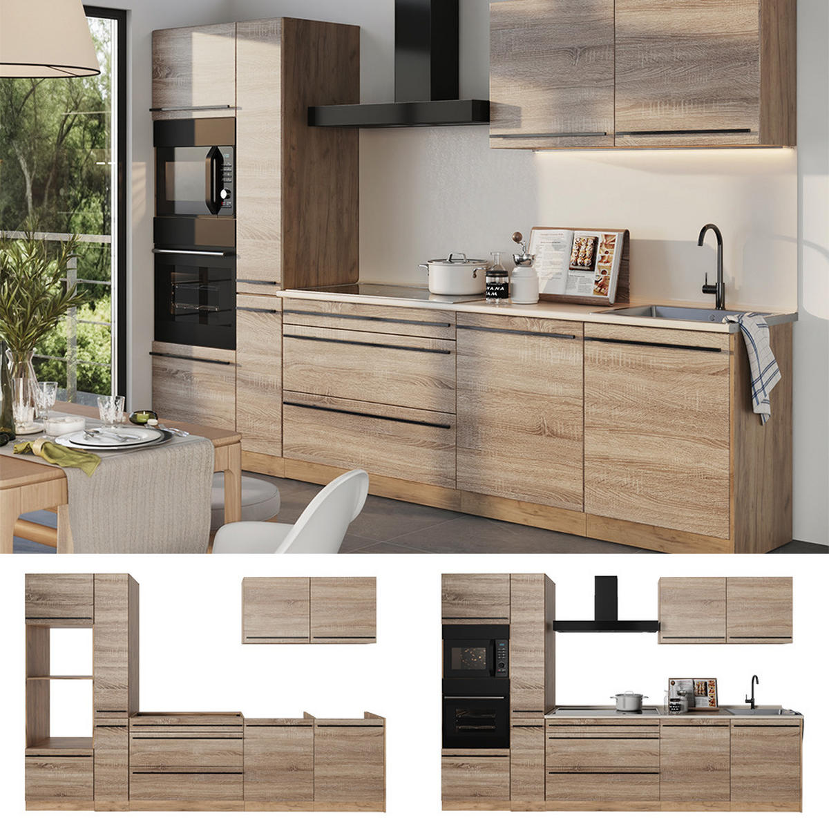 KÜCHENZEILE R-Line, Sonoma/Goldkraft Eiche, 310 cm Arbeitsplatte Marmor - Honigeiche/Sonoma Eiche, Holzwerkstoff (310/206.8/60cm) - Vicco