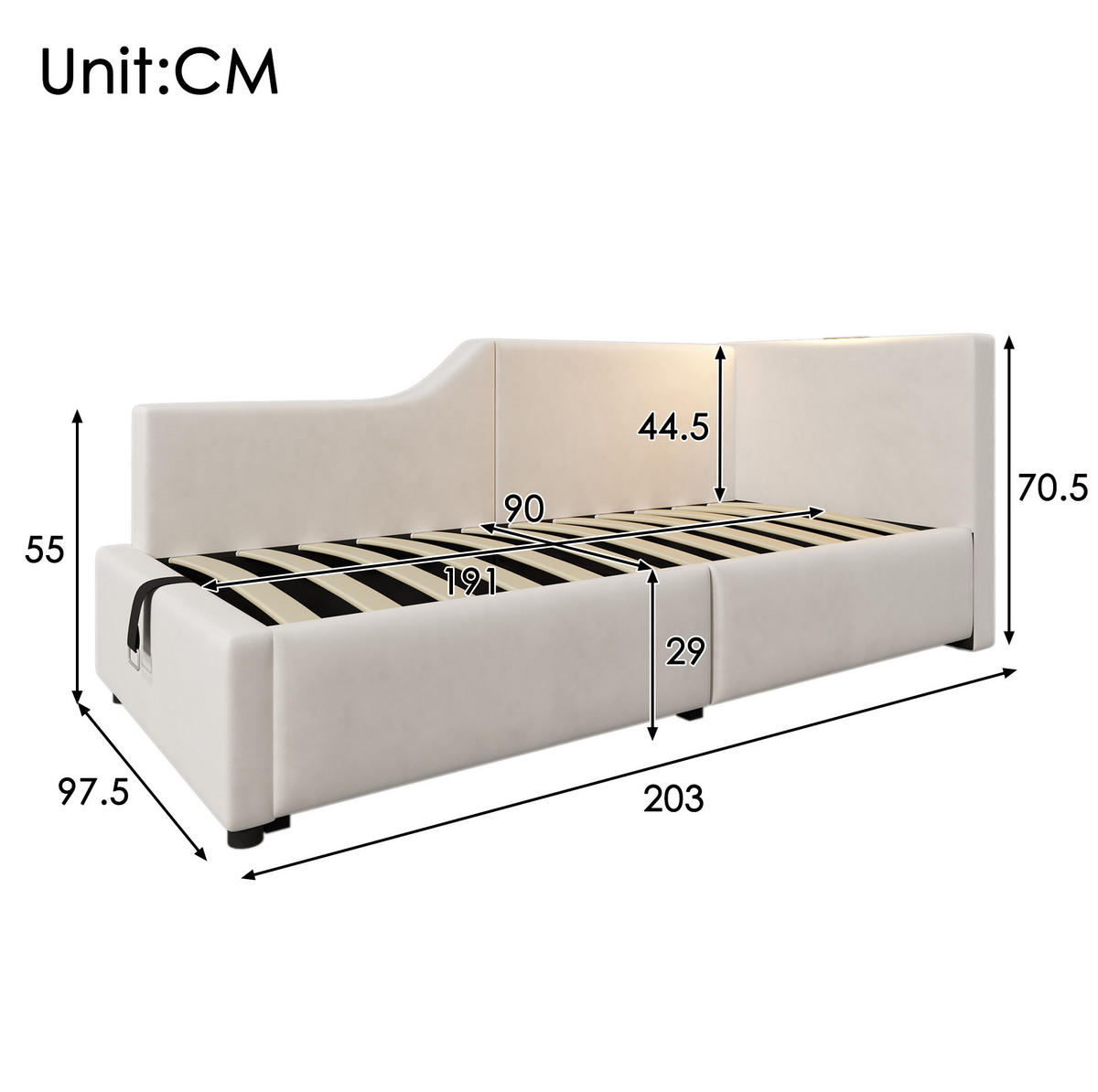POLSTERBETT 90/190 cm in Beige mit Stauraum und USB- und Type-C-Anschlüssen - Beige, Textil (90/190cm) - Flora Grace