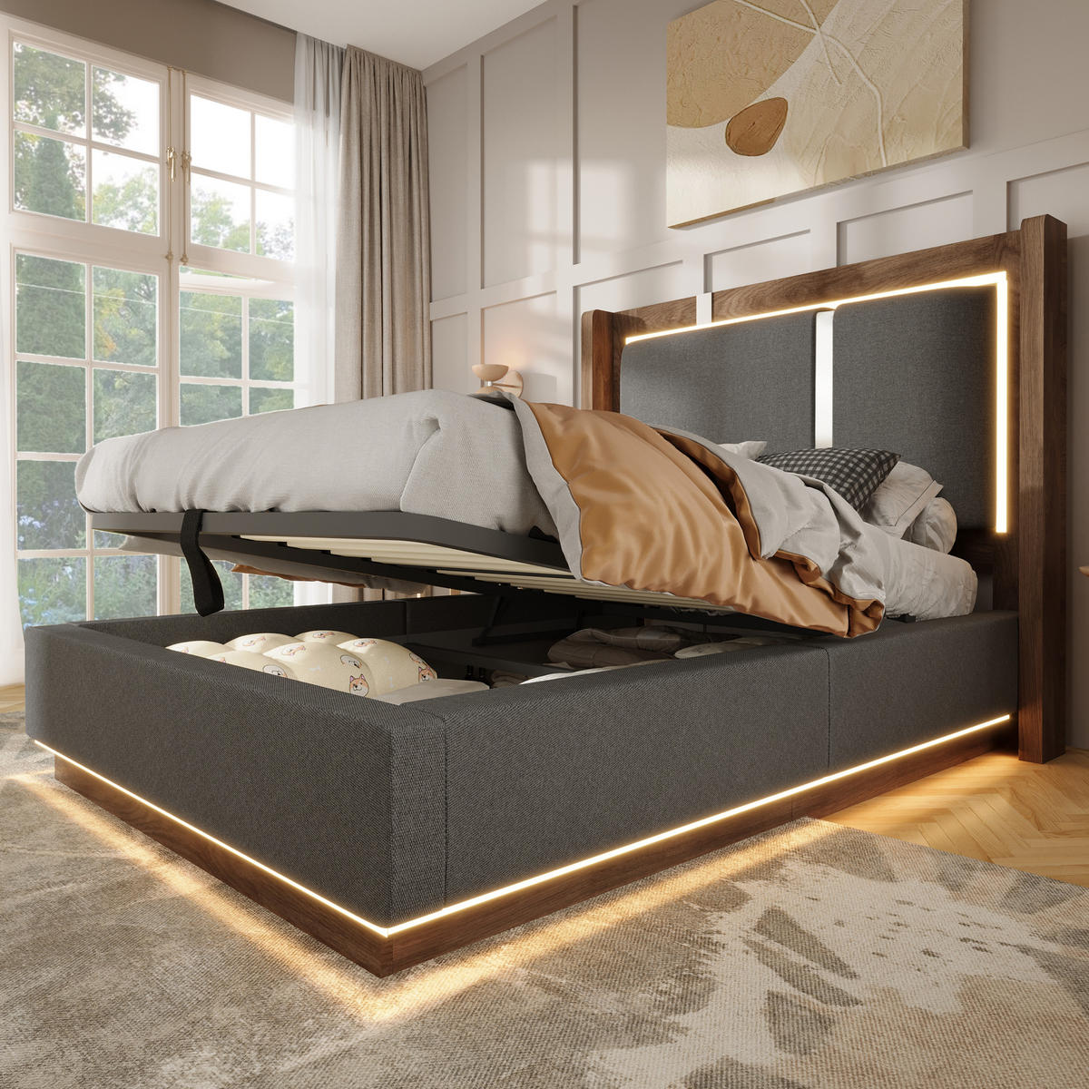 POLSTERBETT 90/200 cm in Grau & Walnuss mit Leinen, LED und Bettkasten - Grau, Holzwerkstoff/Textil (90/200cm) - WISHDOR