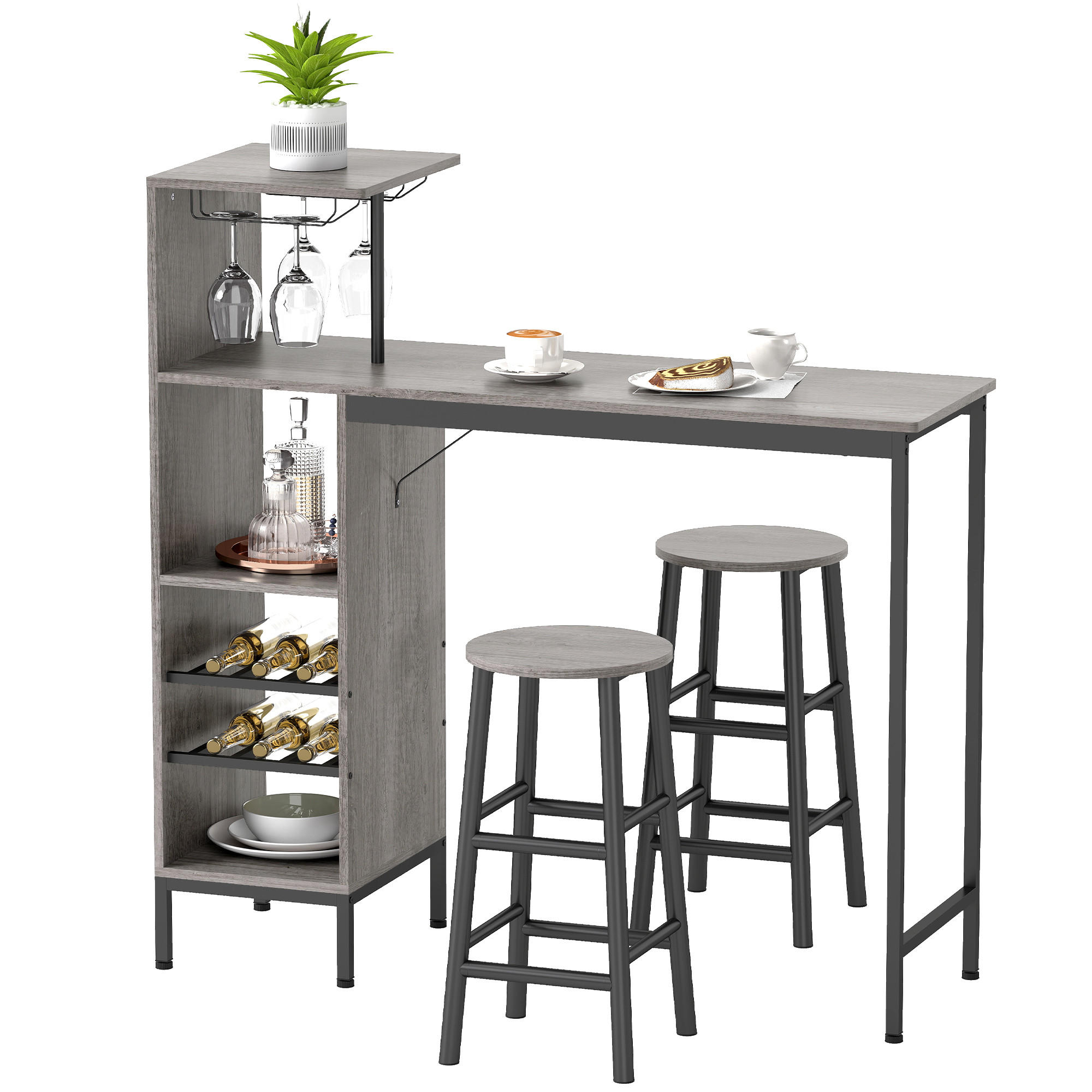 BARTISCH-SET DE-14784 mit Weinregal & Glashaltern für 2 Hocker Naturholz - Naturfarben, Holzwerkstoff (121.5/40/122cm) - ComfortXL