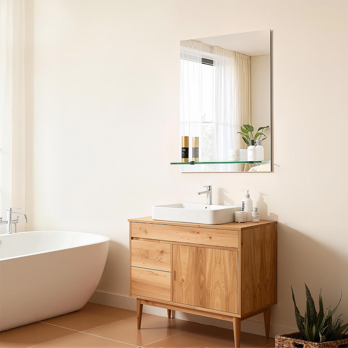 BADEZIMMERSPIEGEL 70/50 cm rechteckig mit Glasablage rahmenlos - Transparent, Glas (50/70/1cm) - S'AFIELINA