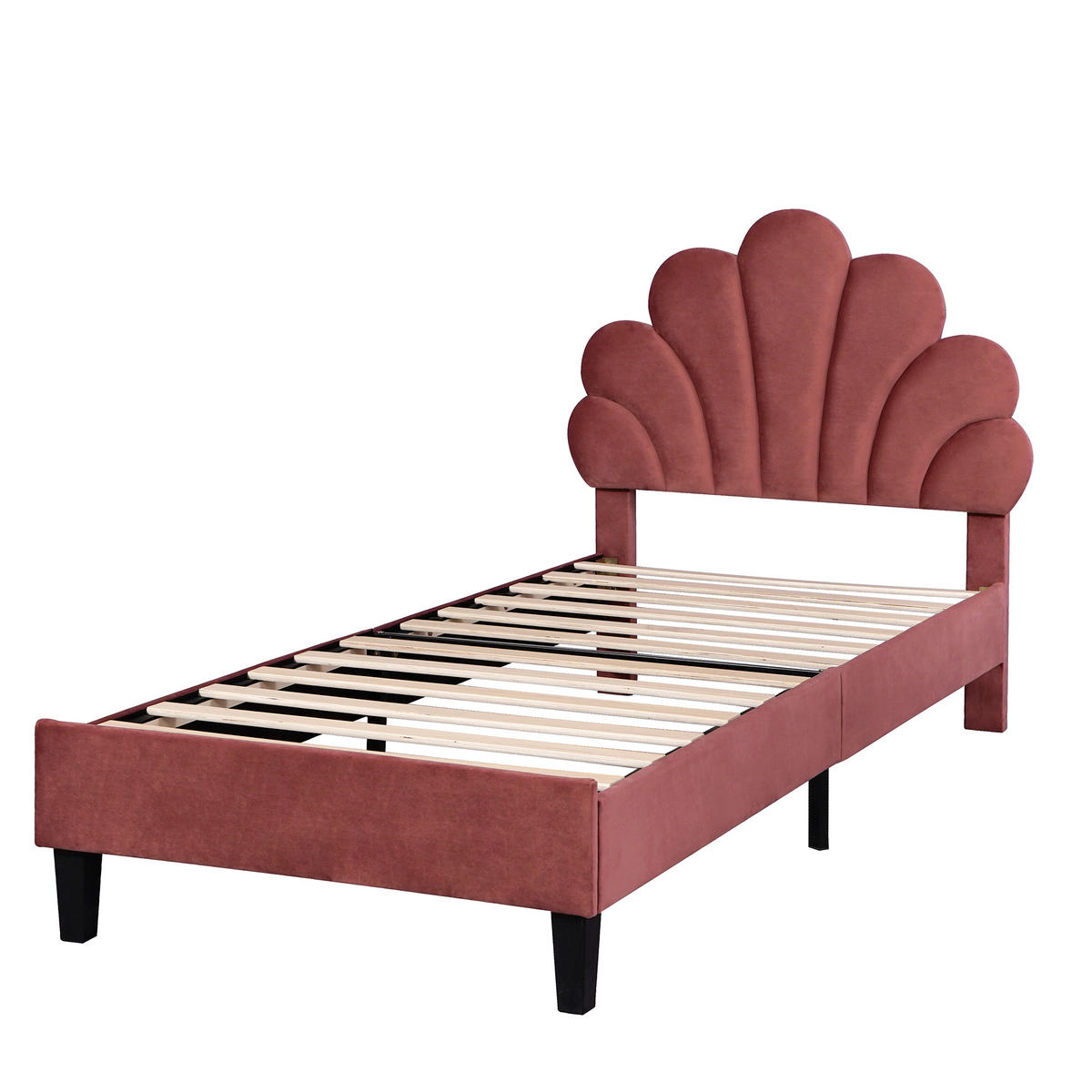 KINDEREINZELBETTEN aus Samtstoff 90x200 cm in Bohnenrot mit Lattenrost - Dunkelrosa, Textil (90/200cm) - Modfu