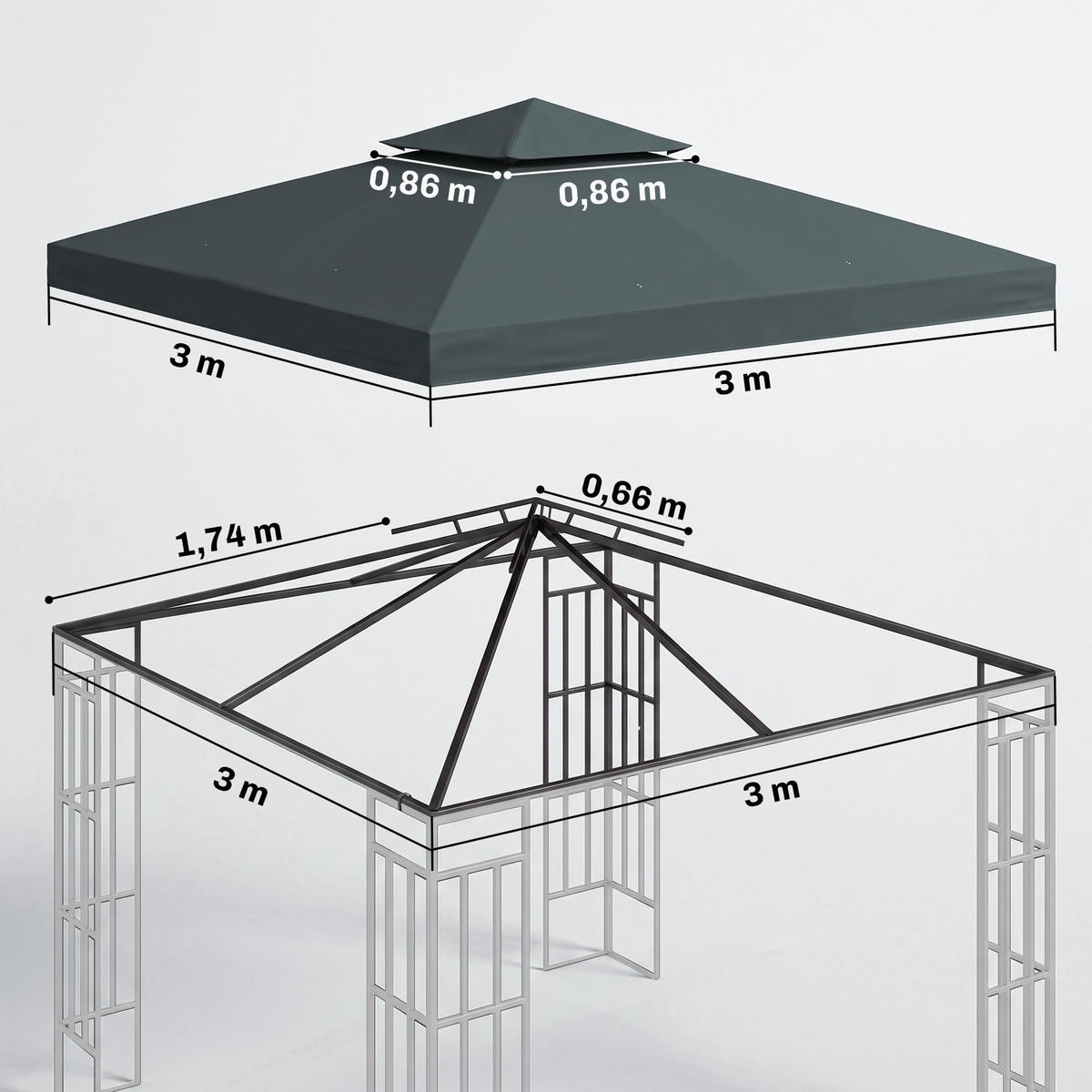 STŘECHA PAVILONU, polyester, uhlově šedá - šedá, plast (300/18/300cm) - Outsunny