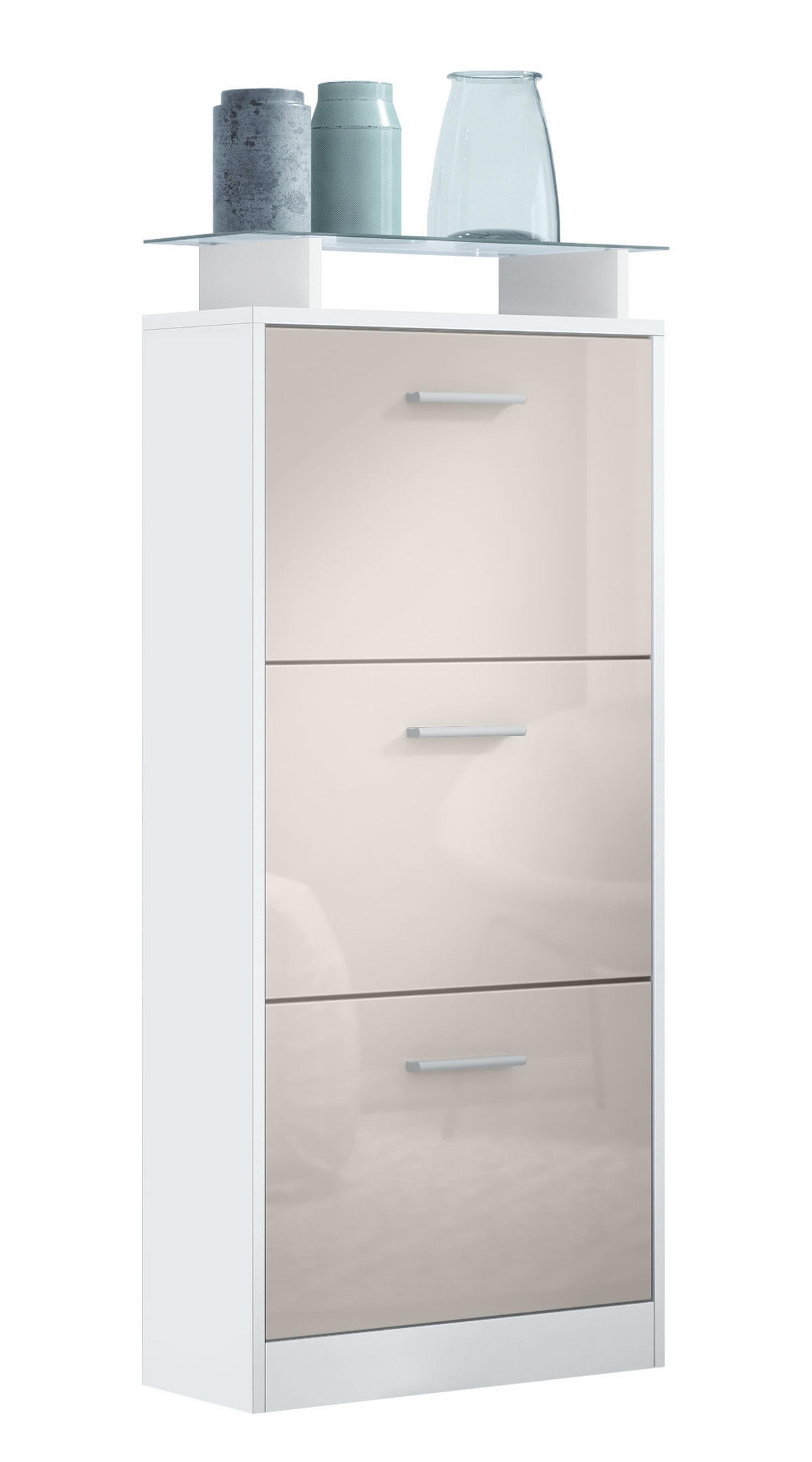 SCHUHSCHRANK Lavia Front in Sandgrau Hochglanz - Sandfarben, Holzwerkstoff (46/128/23cm) - Vladon