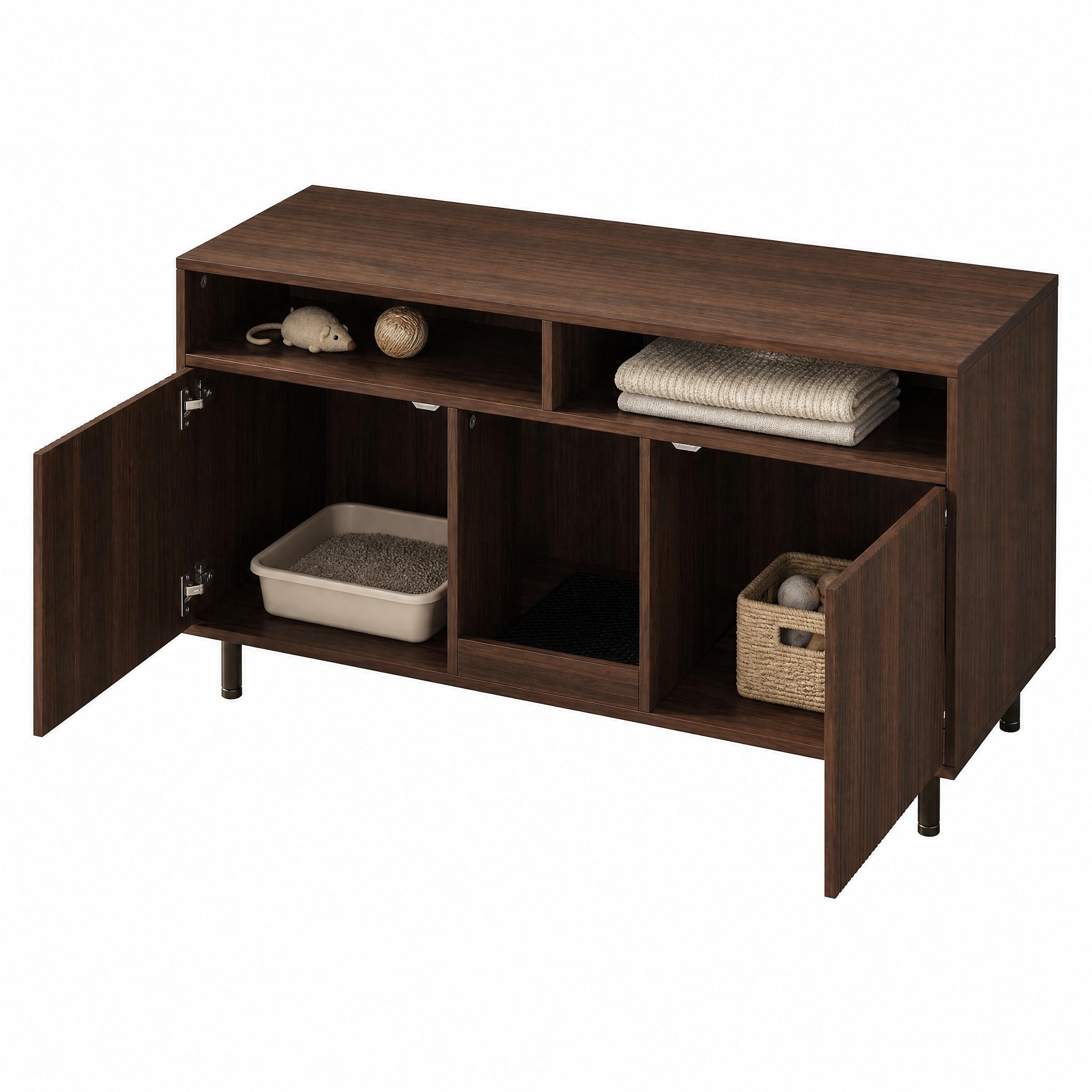 SIDEBOARD in Nussbaumfarben Katzentoiletten-Schrank mit Sandauffangmatte und Lagerbereich für Wohnzimmer, B120/T50/H66cm - Walnussfarben, Holzwerkstoff/Metall (120/66/50cm) - STILVORA