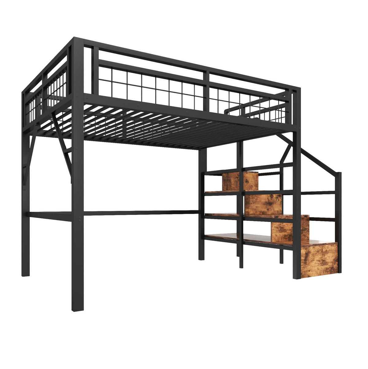 HOCHBETT 140/200 cm schwarz aus Metall und MDF mit LED und Stauraumtreppe - Schwarz, Metall (140/200cm) - OKWISH
