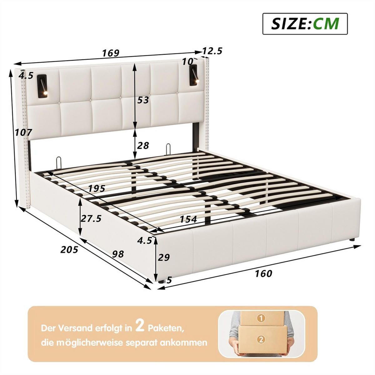 POLSTERBETT 160x200 cm - mit integrierten LED-Leseleuchten und hydraulischer Hebefunktion - ohne Matratze - Beige - Beige, Textil (160/200cm) - DELFA