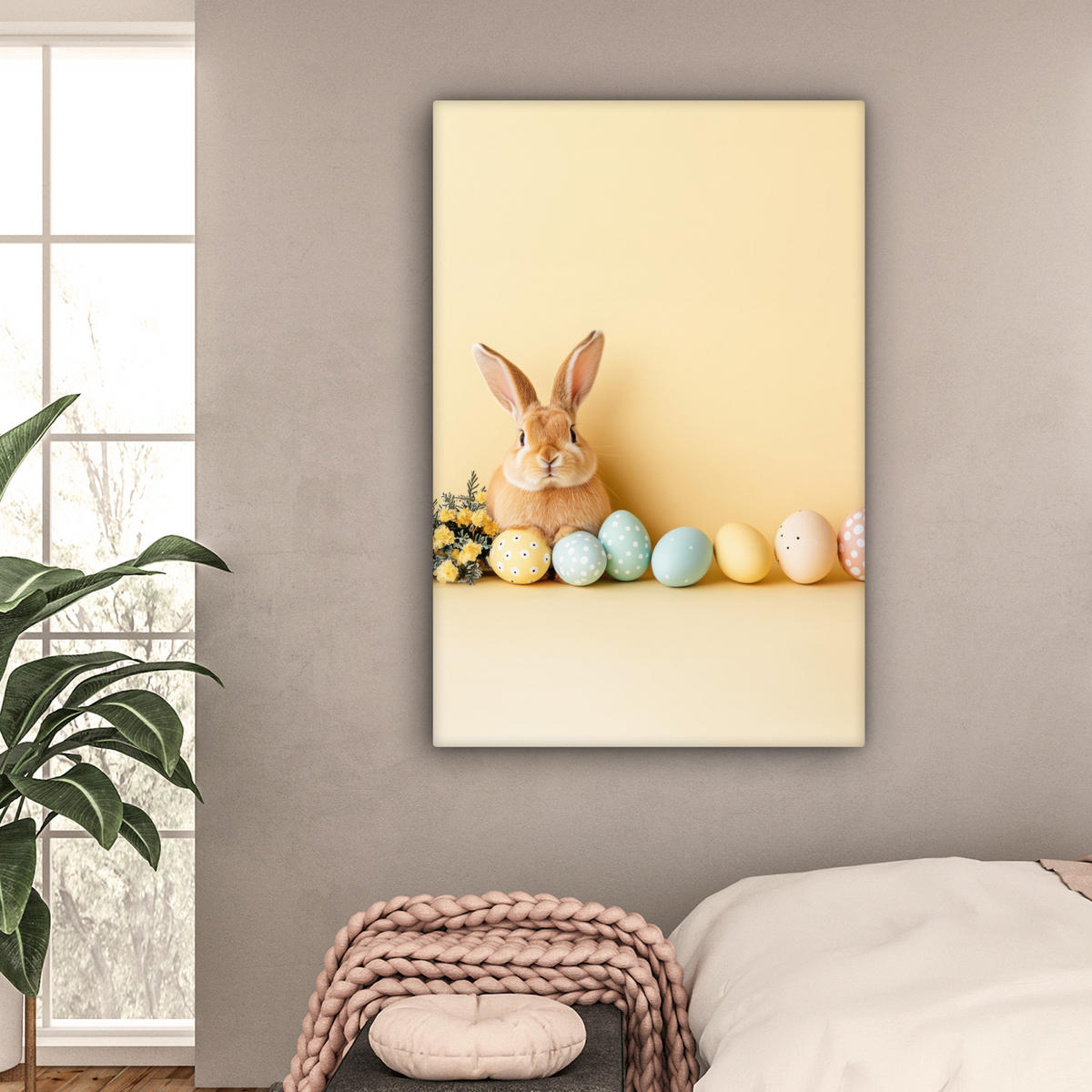 LEINWANDBILD Eier - Kaninchen - Pastellfarbtöne Deko Groß 90x140 cm - Hellgelb, Textil (90/140cm) - MuchoWow