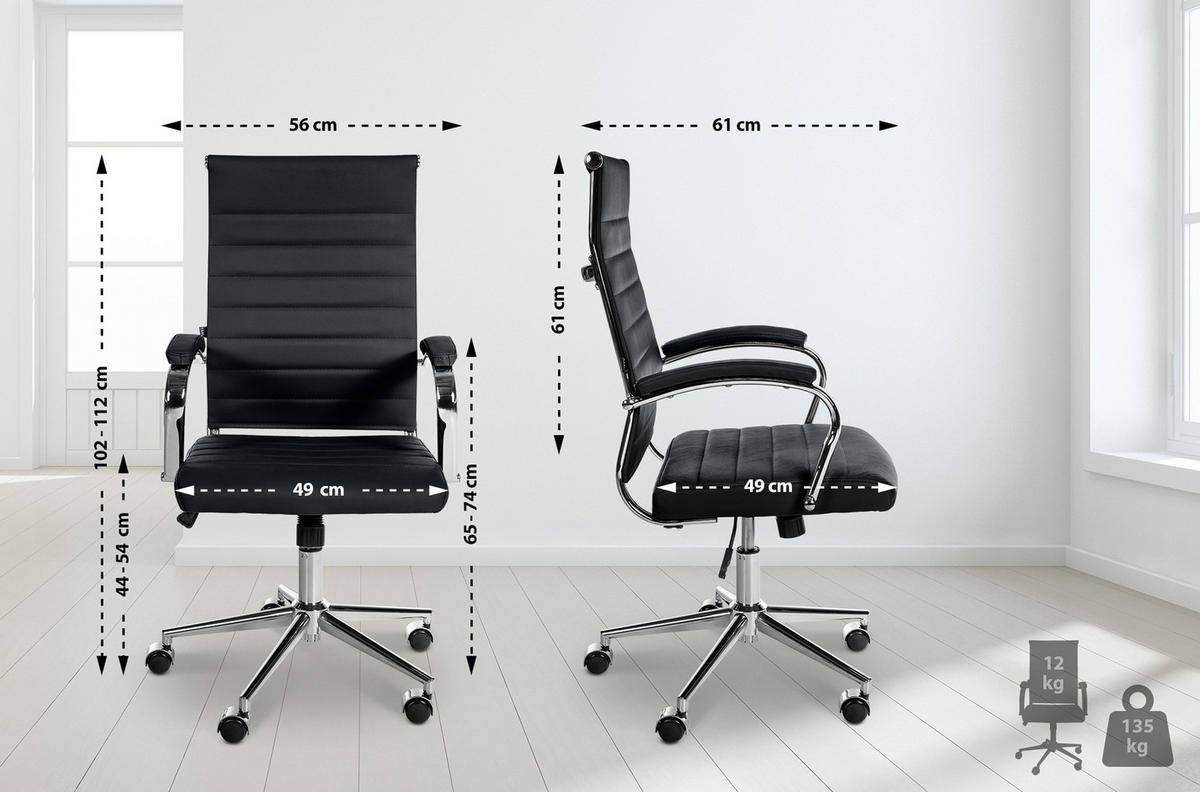 BÜROSTUHL Kaelis Echtleder schwarz - Chromfarben/Schwarz, Leder/Metall (56/112/61cm) - TPFLiving