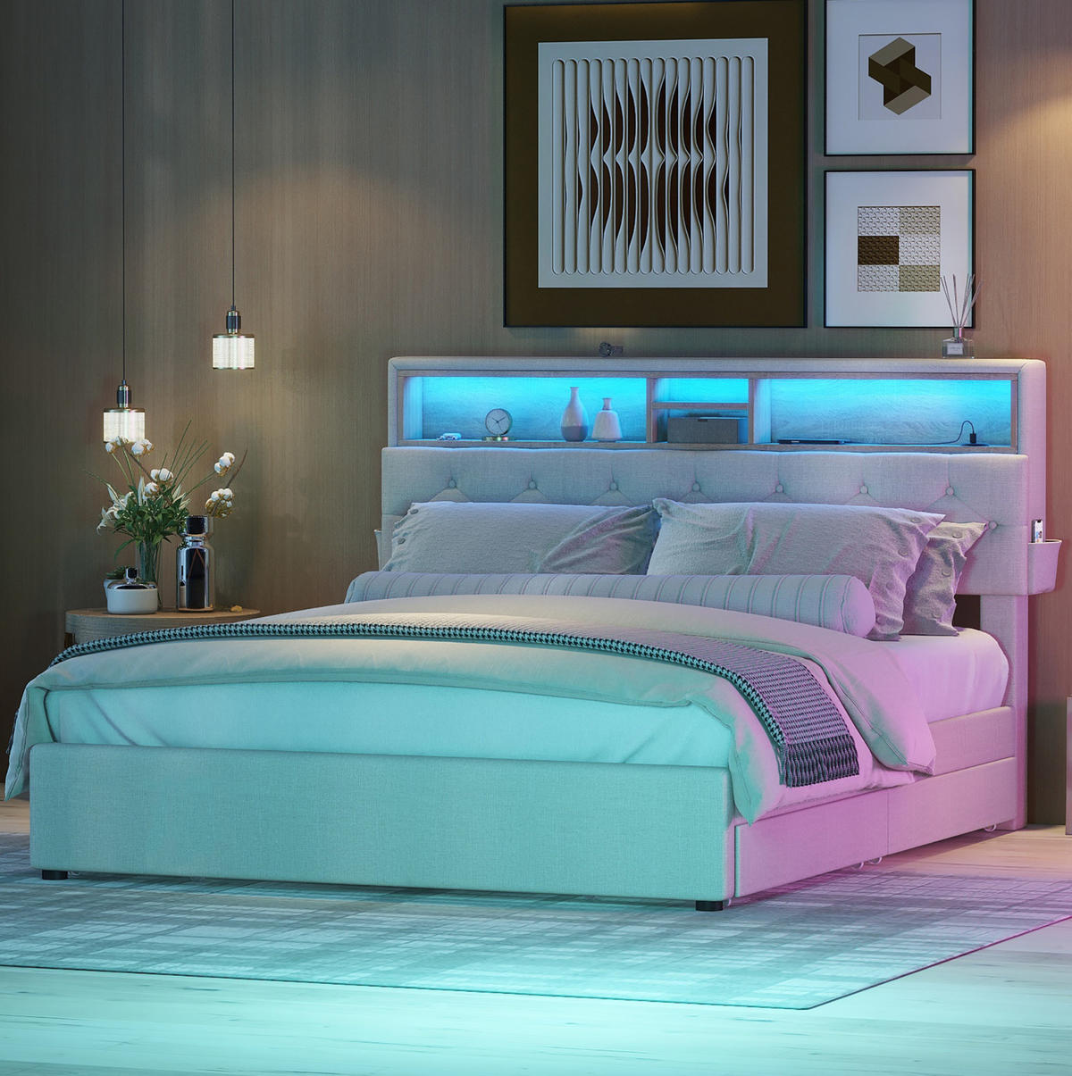 POLSTERBETT 140/200 cm aus Leinen mit LED-Beleuchtung USB und Stauraum Antikgrau - Beige, Textil (140/200cm) - Modenvie