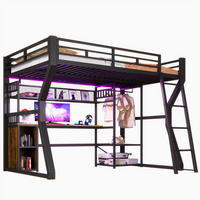 HOCHBETT 140/200 cm aus Metall mit Schreibtisch, Lichtleiste, Schwarz - Schwarz, Holzwerkstoff (140/200cm) - OKMYHOME