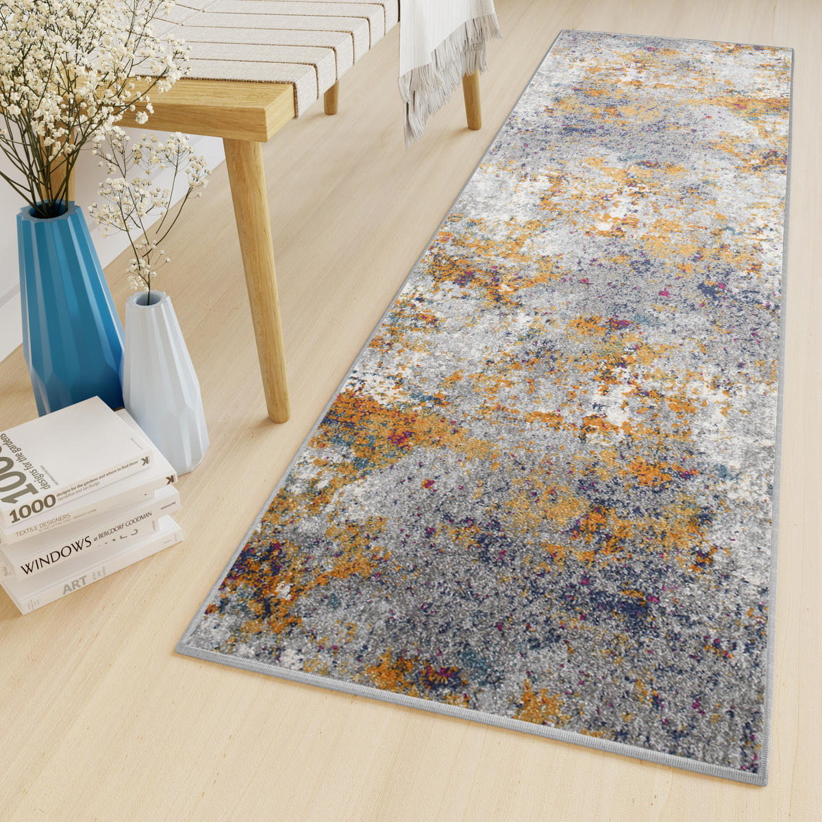 TEPPICHLÄUFER LAZUR Weiß Dunkelblau 100/1100 cm - Multicolor, Textil (100/1100cm) - Tapiso