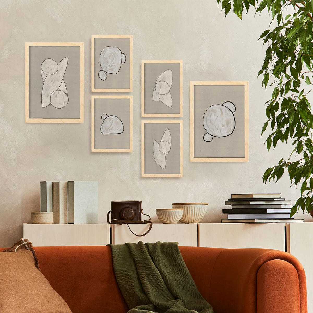 POSTER Set Mit 6 Kosmische Kontur In Form Abstracts Ästhetische Dekorative Gemälde Für Ihr Wohnzimmer Zuhause A3 & A4 Rahmen Aus Hellem Holz - Beige, Papier (29/3cm) - Nacnic