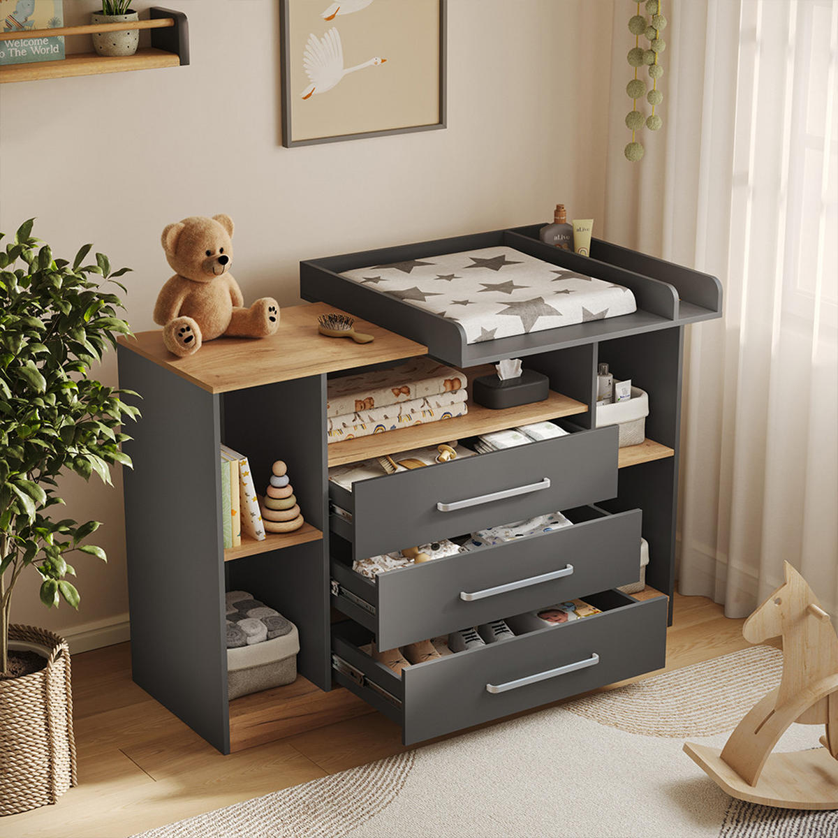 WICKELKOMMODE Olina, Anthrazit/Goldkraft Eiche, 138.3 x 93 cm - Eichefarben/Anthrazit, Holzwerkstoff (138.3/93/50cm) - Vicco