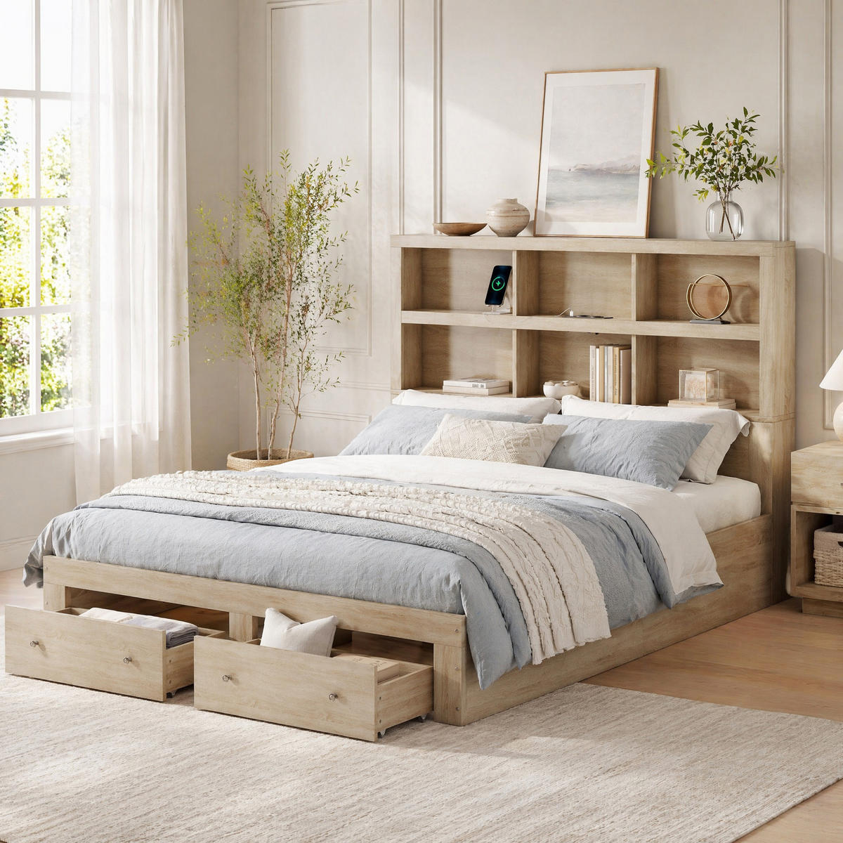 JUGENDBETT 160/200 mit Stauraum, USB und Schubladen in Natur - Naturfarben, Holzwerkstoff (160/200cm) - EVRYAE