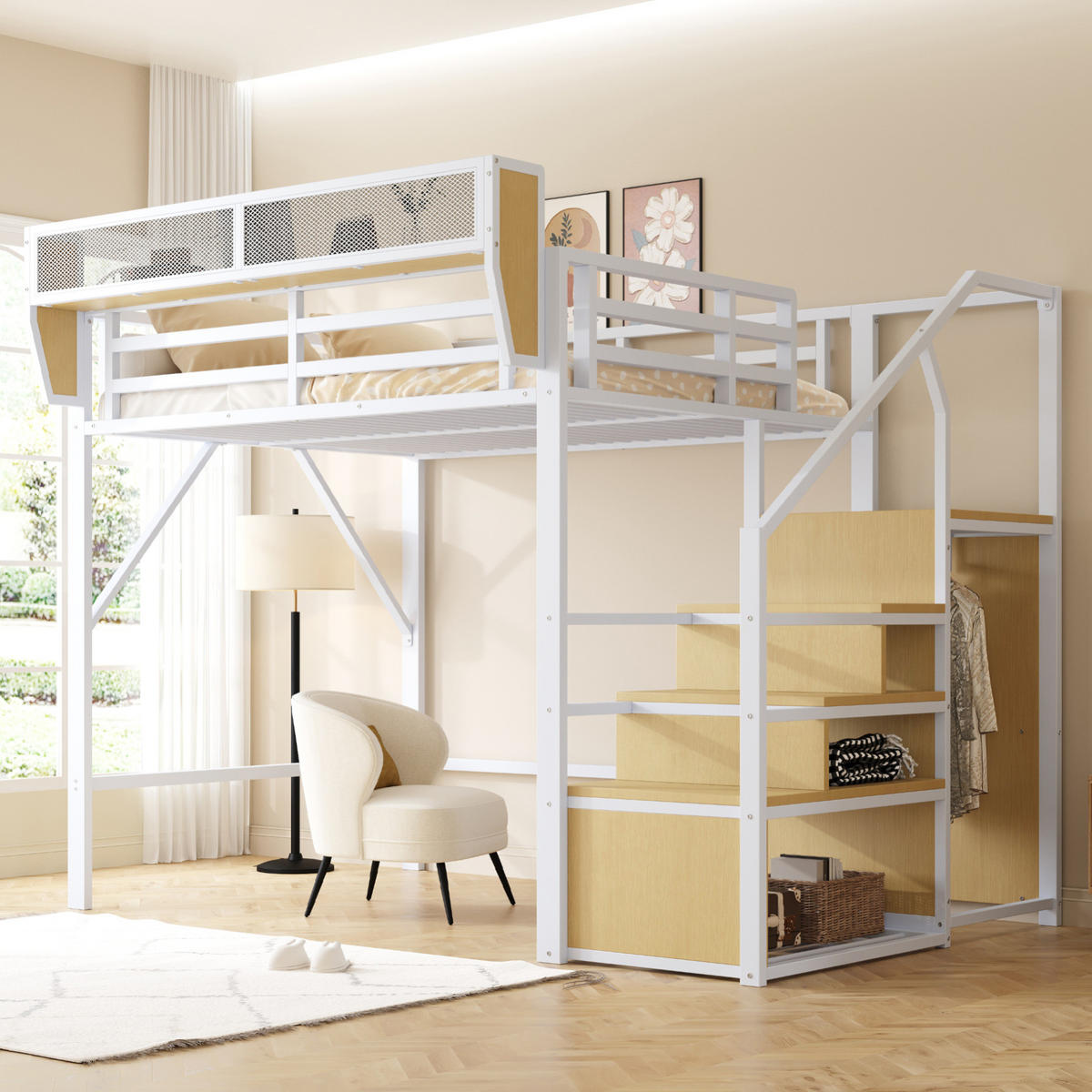HOCHBETT 140/200 cm mit Sicherheitsleiter und flexiblem Regal aus Metall, Weiß - Weiß, Metall (140/200cm) - Redom