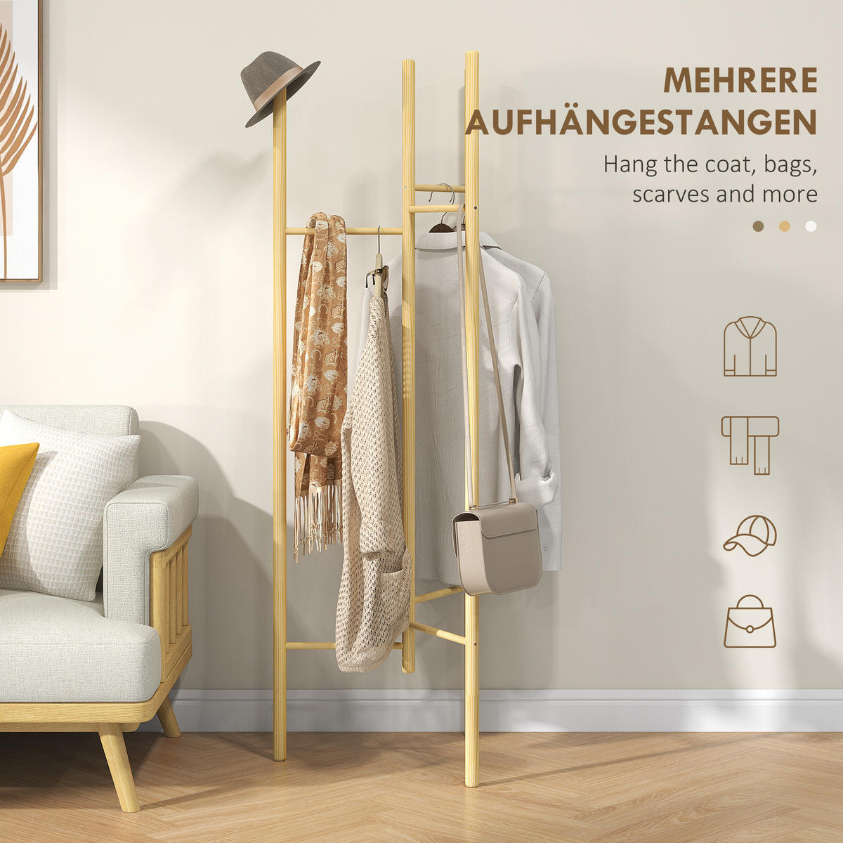 GARDEROBENSTÄNDER - Naturfarben, Holzwerkstoff (52.5/160/62cm) - HOMCOM