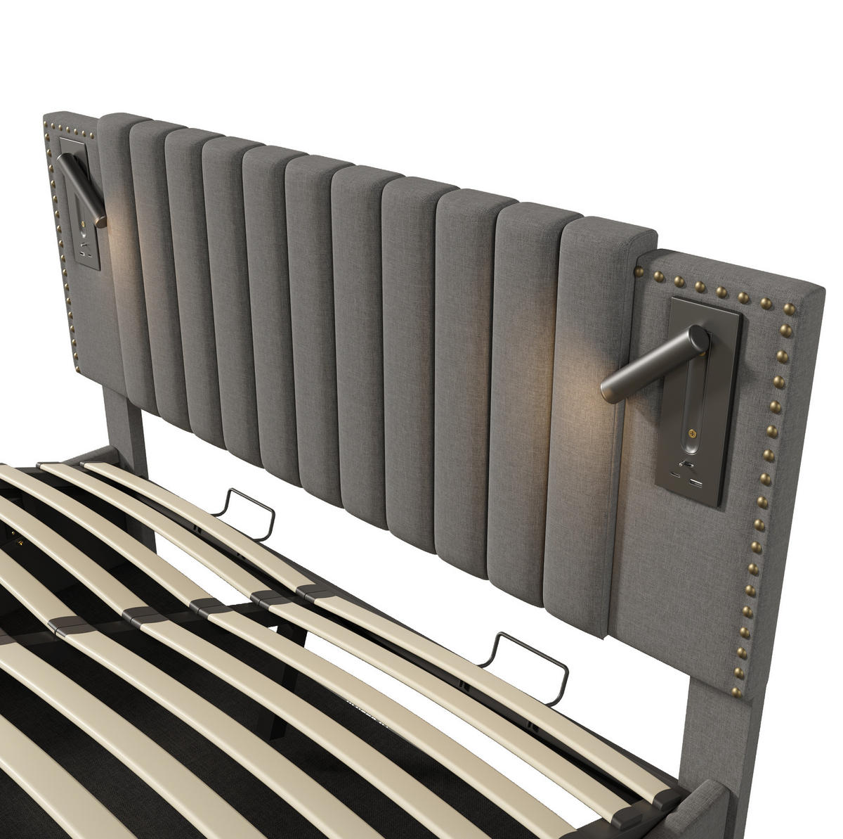 ČALÚNENÁ posteľ 140x200 cm z bavlny sivá s matracom, LED čítacím svetlom, USB a úložným priestorom - sivá, textil (140/200cm) - Modfu