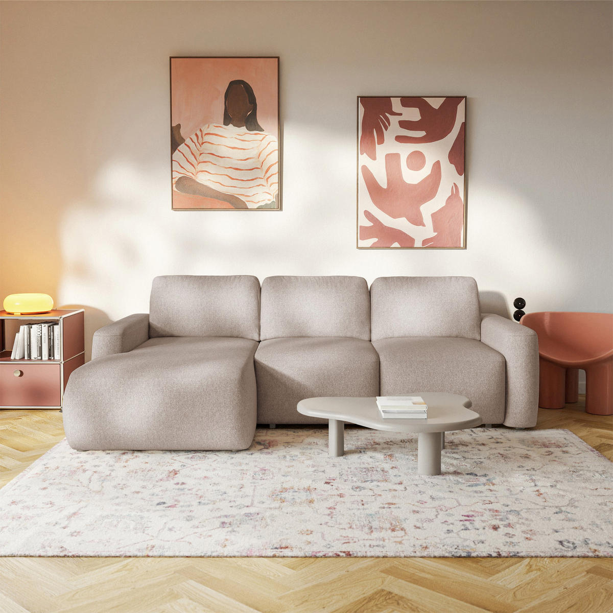 ECKSOFA Carnos Mini Beige Chenille - Beige/Schwarz, Kunststoff/Textil (238/164cm) - Selsey