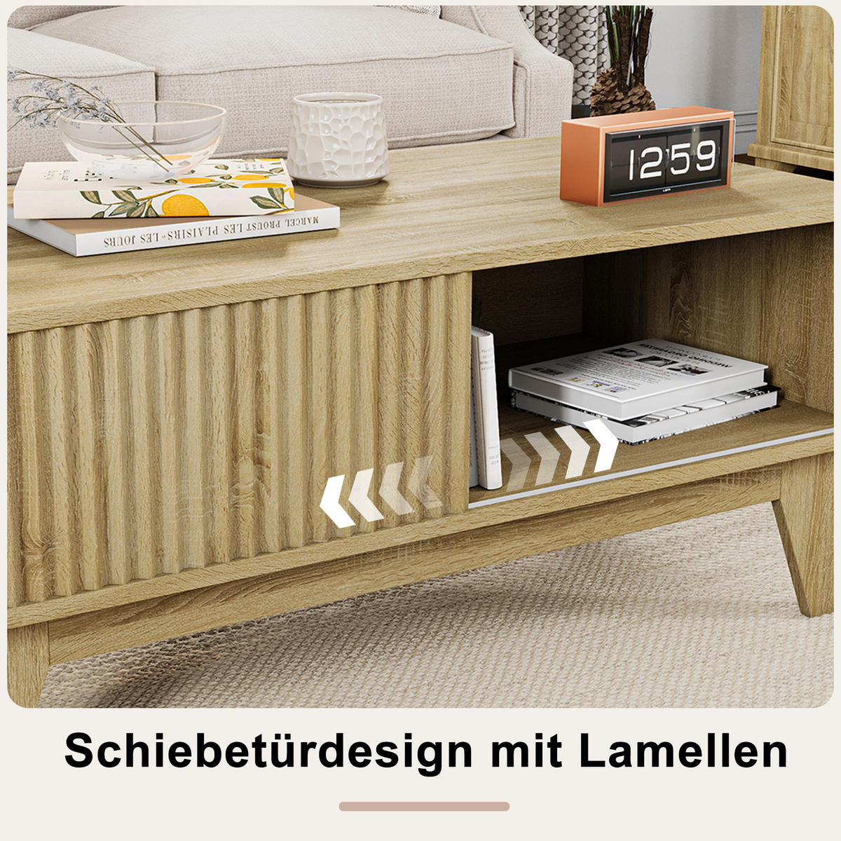 COUCHTISCH holzoptik mit schiebetür und offenem fach - Eichefarben, Holz (95/41/48cm) - SHOPENTRA
