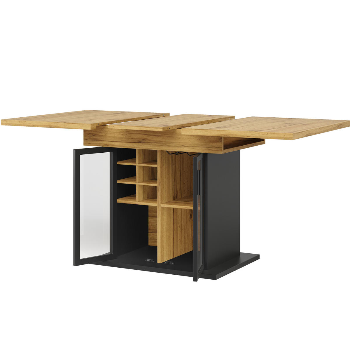 ESSTISCH 110-140/80/76 cm aus MDF, ausziehbar mit Weinregal und Glastür, Schwarz - Schwarz, Holzwerkstoff (110/80/76cm) - Redom