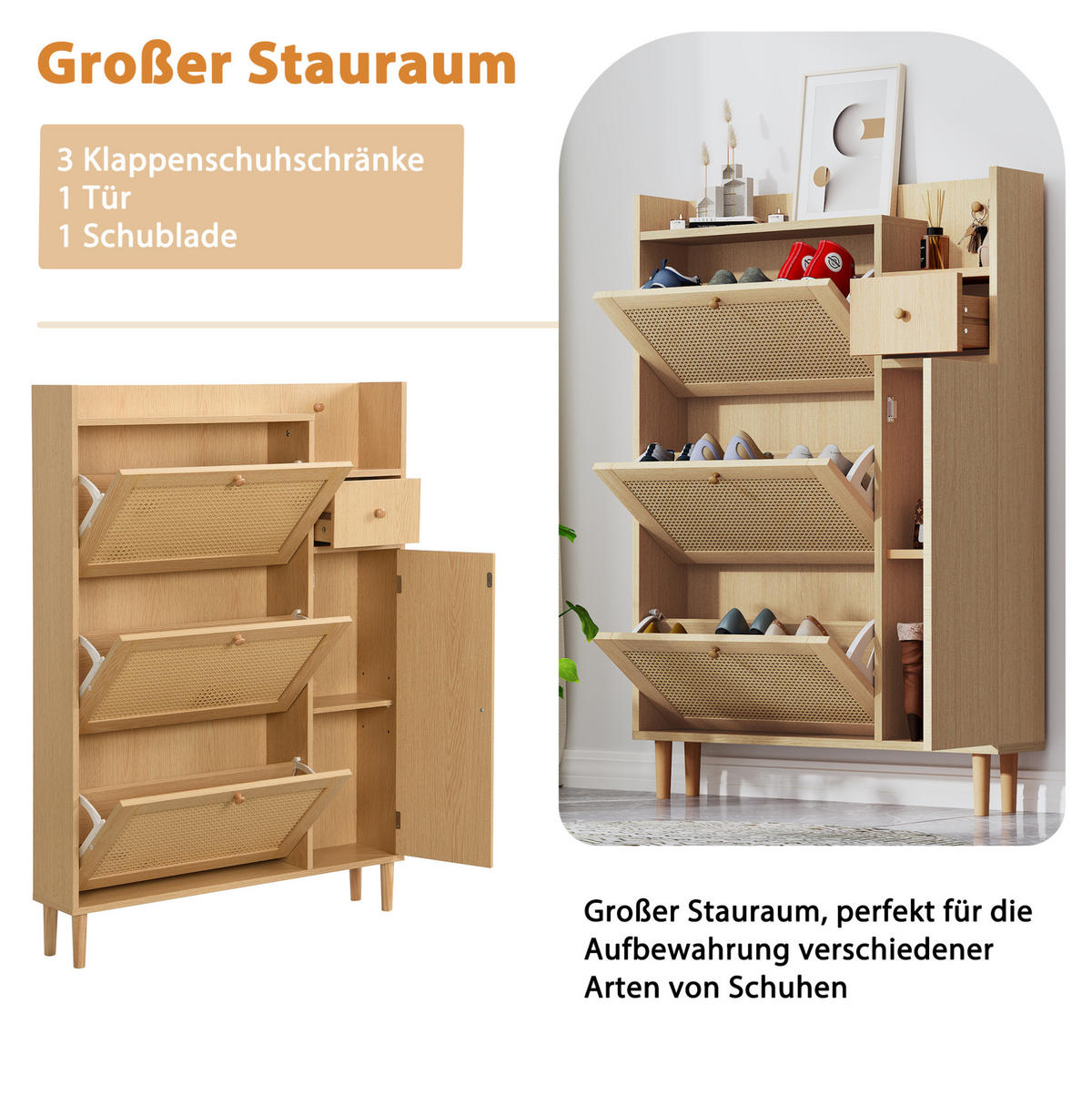 SCHUHSCHRANK 90/17/125 cm Natur aus MDF mit 3 Klappen - Naturfarben, Holzwerkstoff (90/125/17cm) - OKWISH