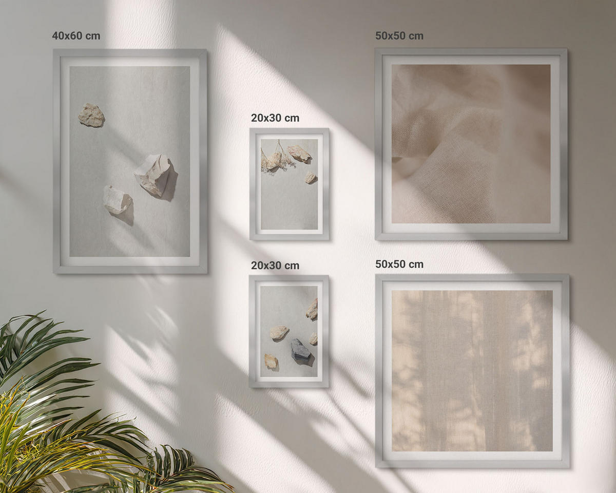 BILDER SET 5er Set - 50x50 cm & 20x30 cm & 40x60 cm Silberner Rahmen - Boho-Stranddekorationen aus Steinen - Silberfarben, Kunststoff (40/60cm) - TULUP