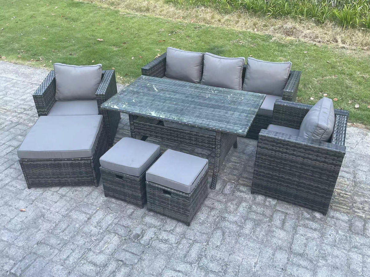 LOUNGEGARNITUR mit Stuhl Polyrattan Dunkelgrau 8-Sitzer - Dunkelgrau/Grau, Glas/Kunststoff - Fimous