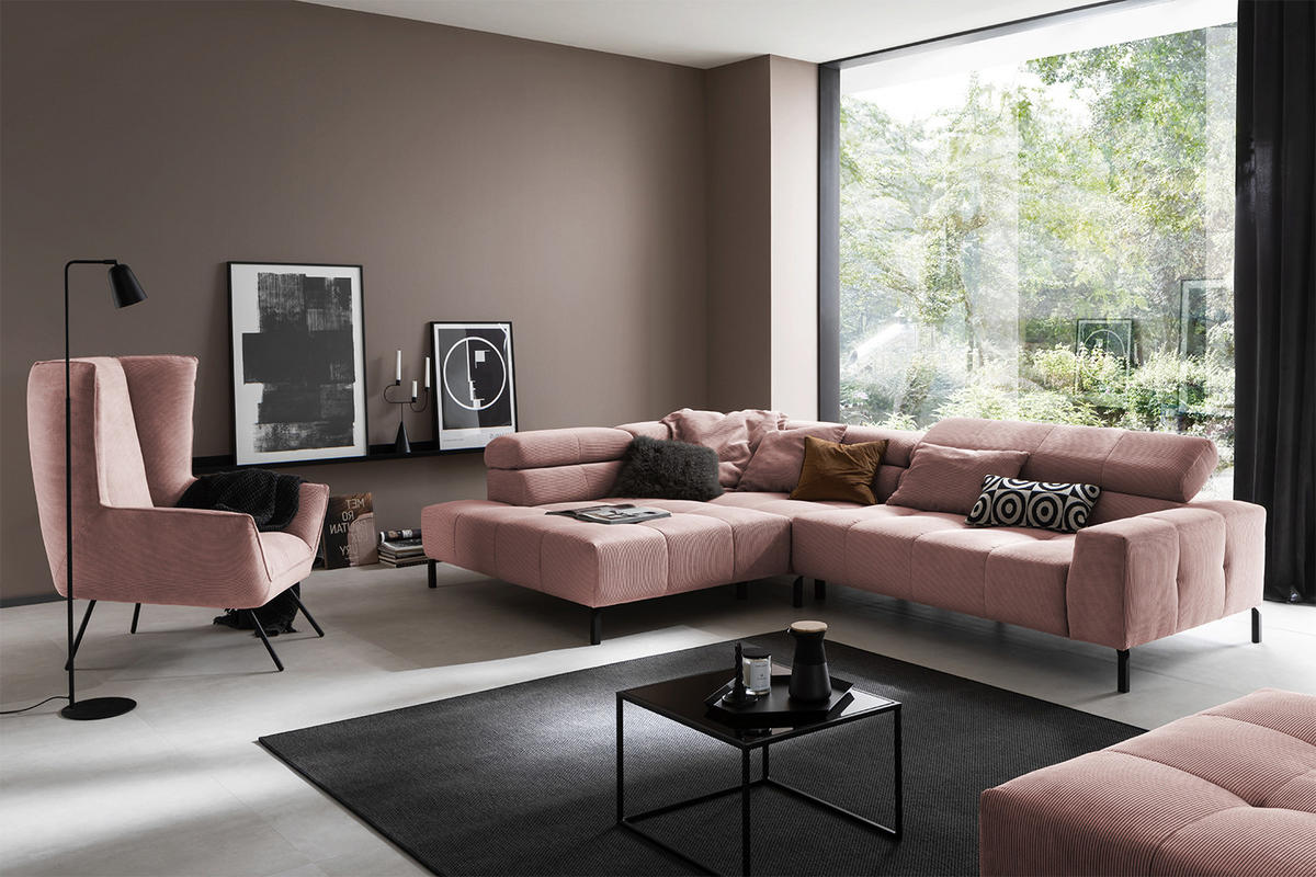 ECKSOFA OHIO Pink Cord - Pink/Schwarz, Textil/Metall (311/219cm) - KAWOLA