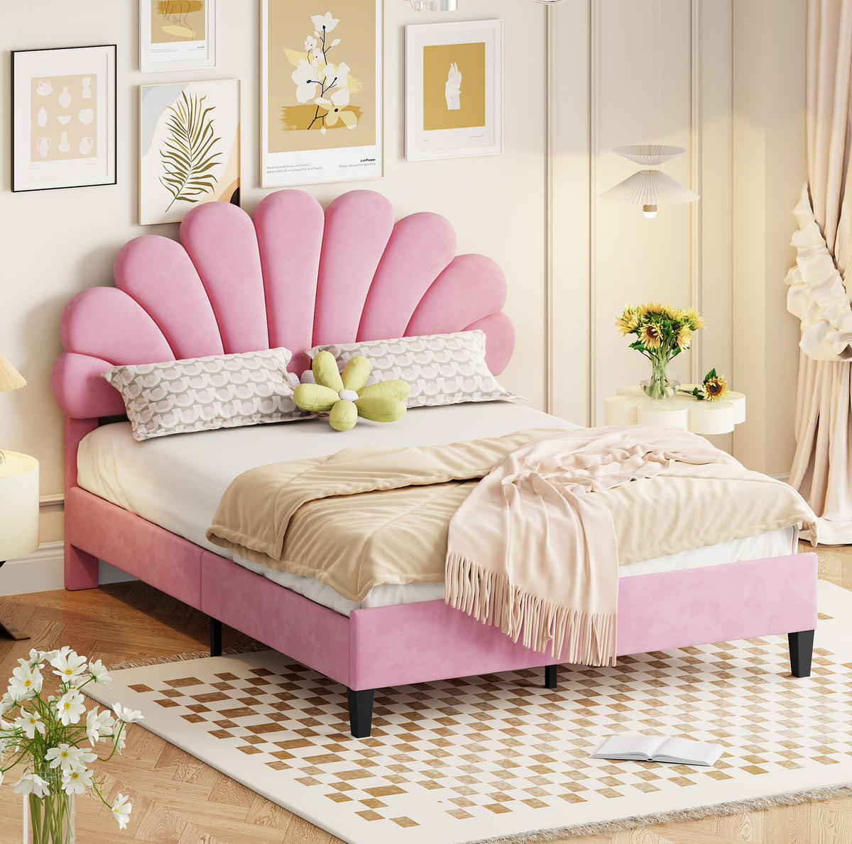 POLSTERBETT mit Blumen-Kopfteil 140x200 cm Samt Pink - Pink, Metall (140/200cm) - Meubliv