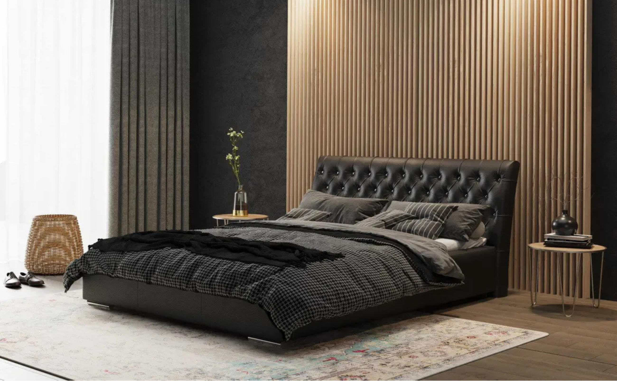 POLSTERBETT PORTO mit Kopfteil, 180 x 200 cm, Doppelbett mit Bettkasten und Lattenrost aus Metall, Kunstleder: Schwarz - Schwarz, Holz/Textil (180/200cm) - Agmat-Furniture