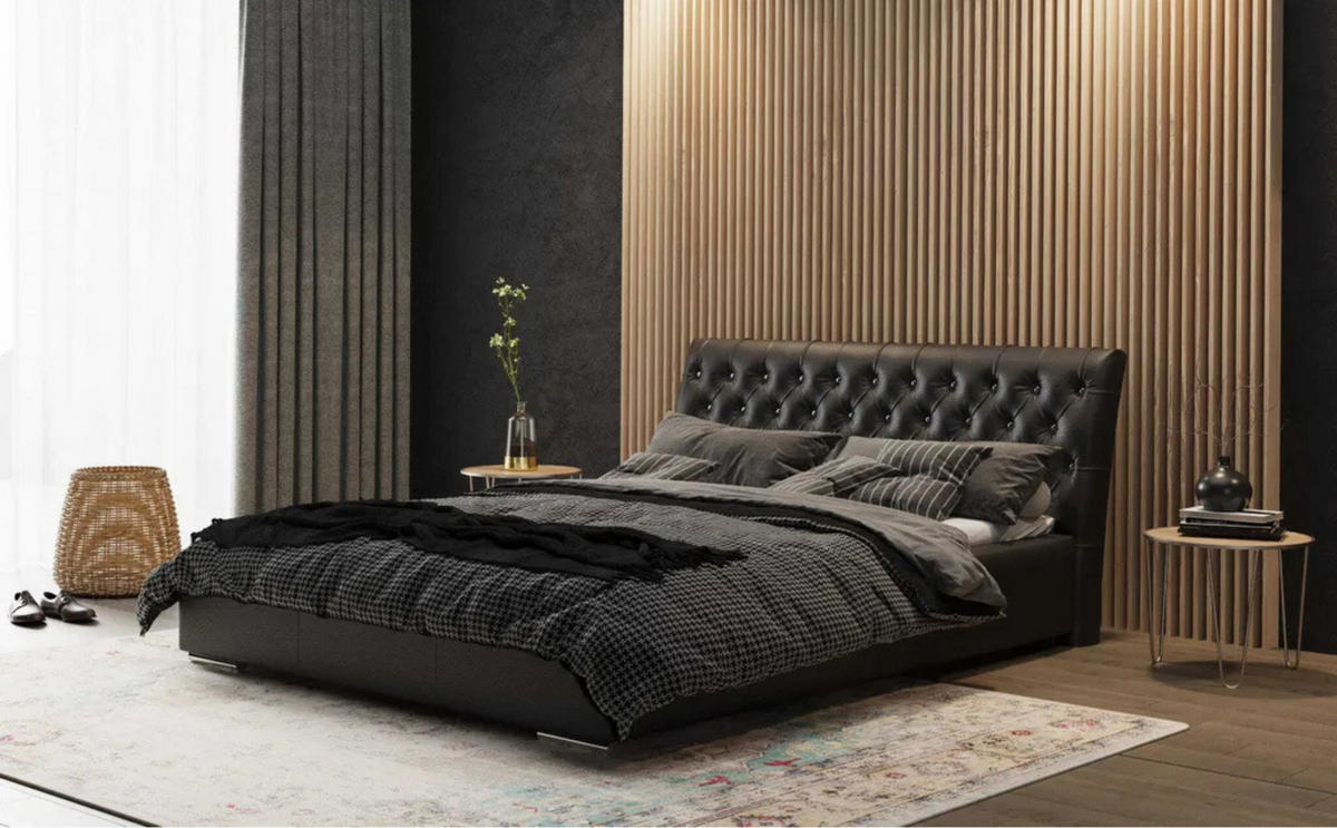 POLSTERBETT PORTO mit Kopfteil, 140 x 200 cm, Doppelbett mit Bettkasten und Lattenrost aus Metall, Kunstleder: Schwarz - Schwarz, Holz/Textil (140/200cm) - Agmat-Furniture